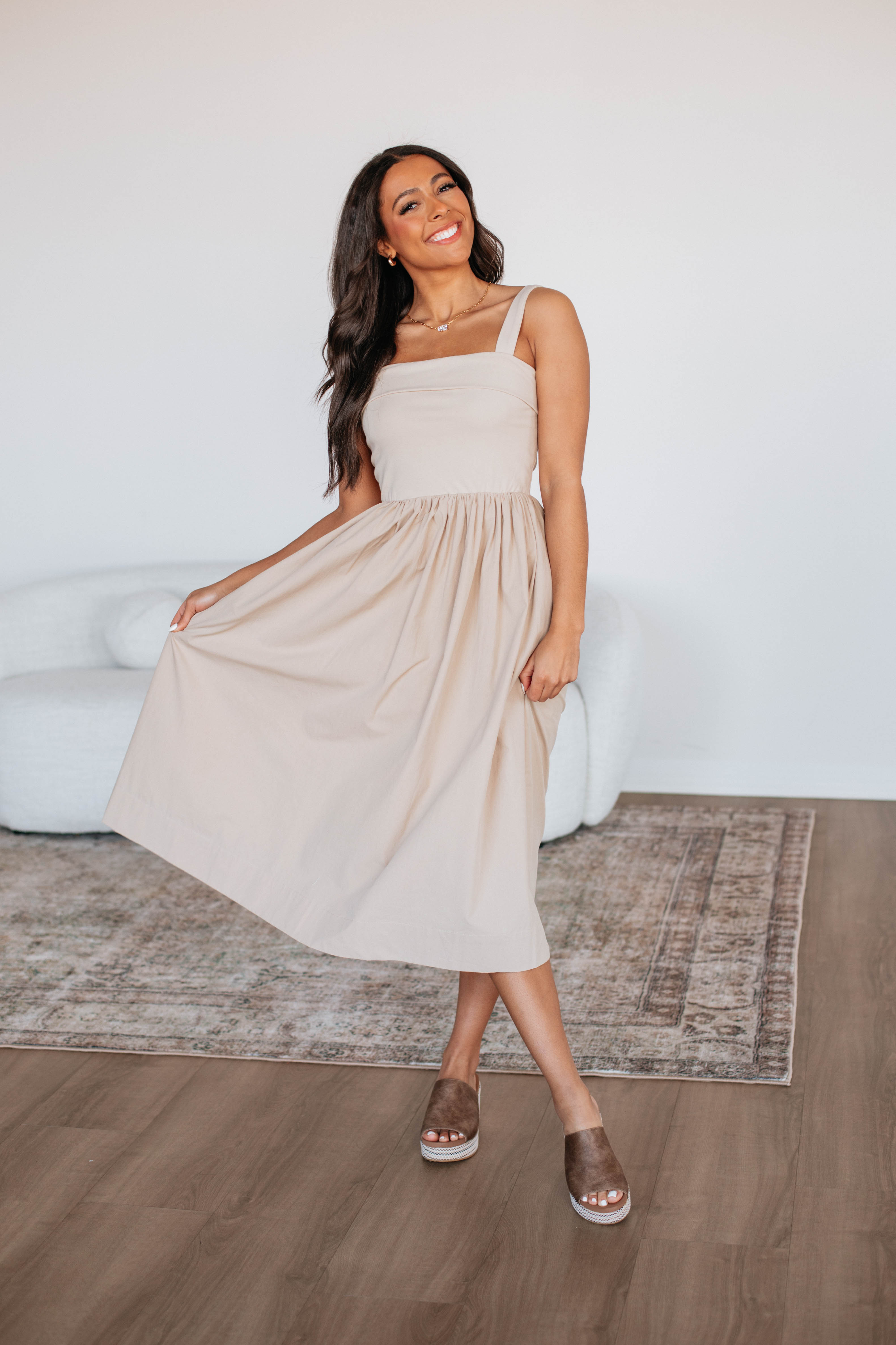 Grace Midi Dress for Women - Flowy Taupe A-Line Summer Dress with Pockets | Perfect for Beach, Wedding & Casual Outings