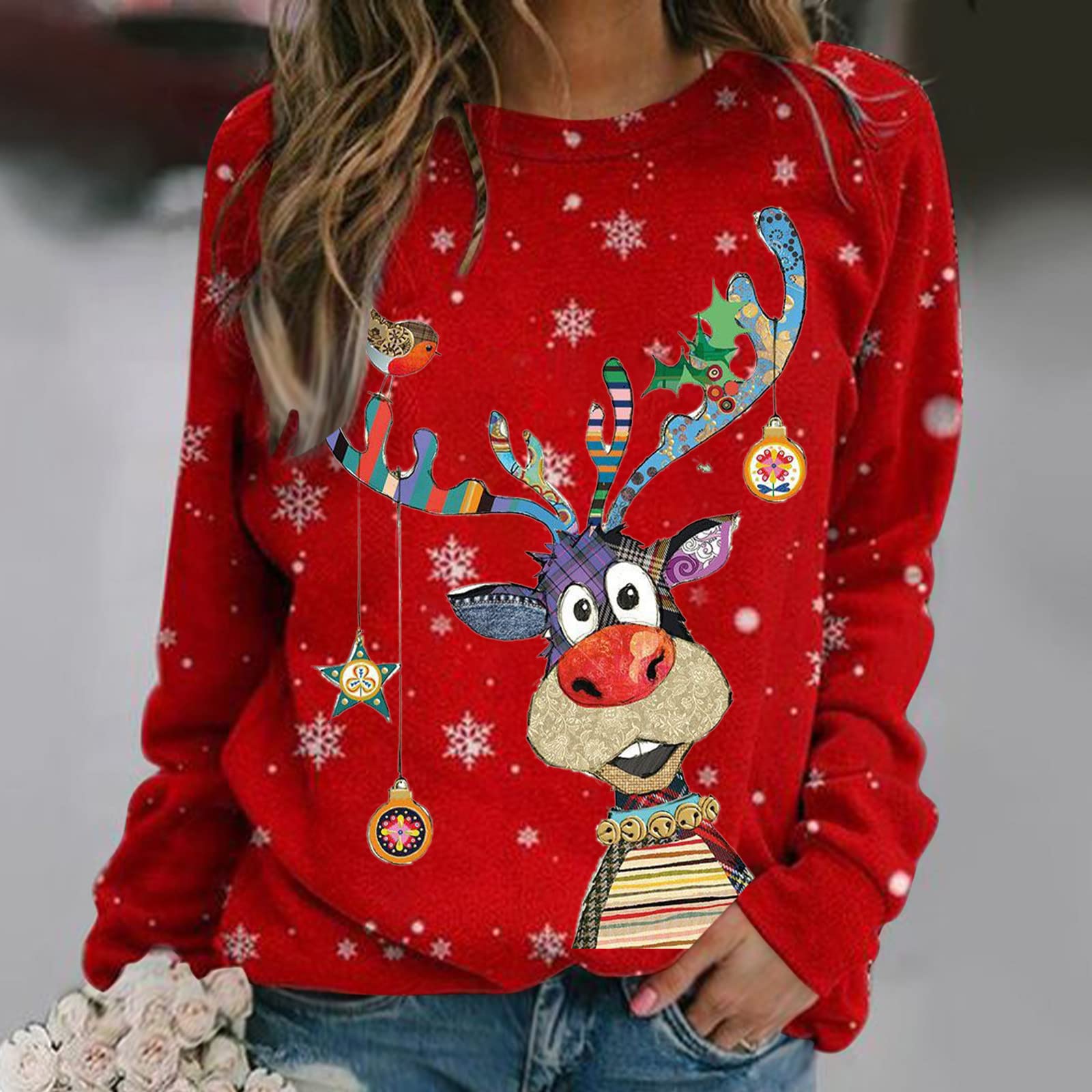 Funny Reindeer Christmas Sweater for Women - Wine Glass Print Ugly Xmas Jumper, Crew Neck Pullover Holiday Party Sweatshirt | Perfect for Christmas Parties, Family Gatherings & Festive Photo Shoots