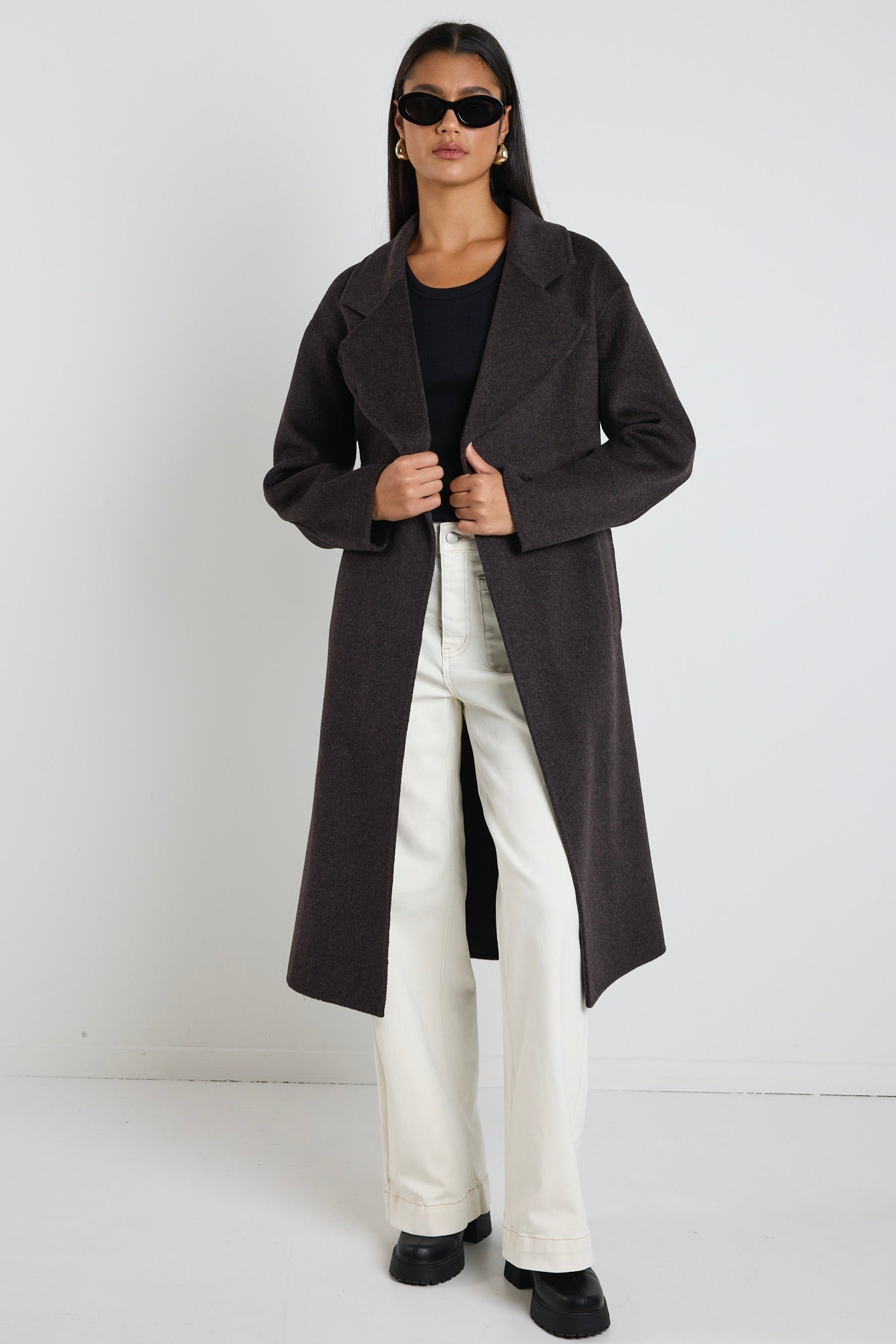 Geneva Chocolate Marble Wool Belted Coat - Women's Winter Trench Coat for Office & Casual Wear