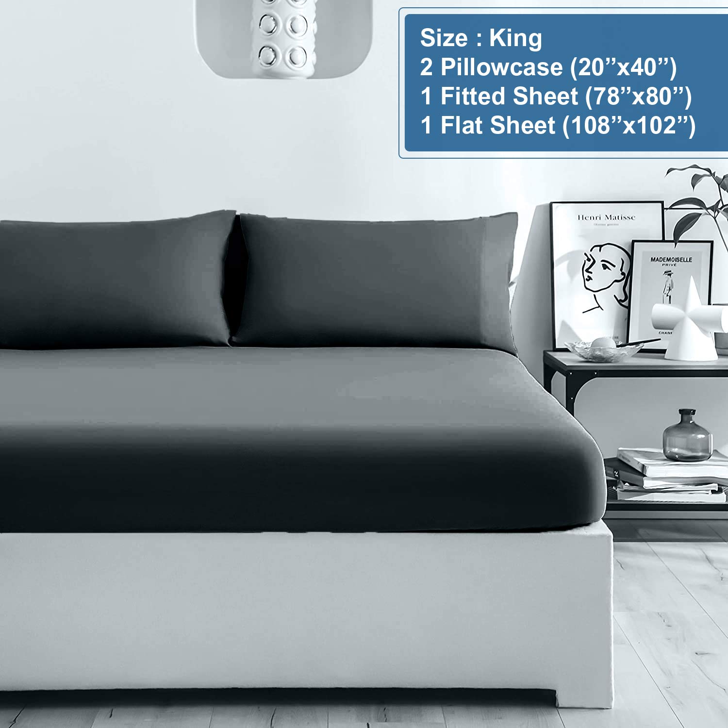 Luxury 100% Cotton Jersey Sheet Set - King Size 4-Piece Dark Grey | Ultra Soft T-Shirt Material | Deep Pocket All Season Bedding | Perfect for Cozy Sleep, Guest Rooms & Modern Bedrooms