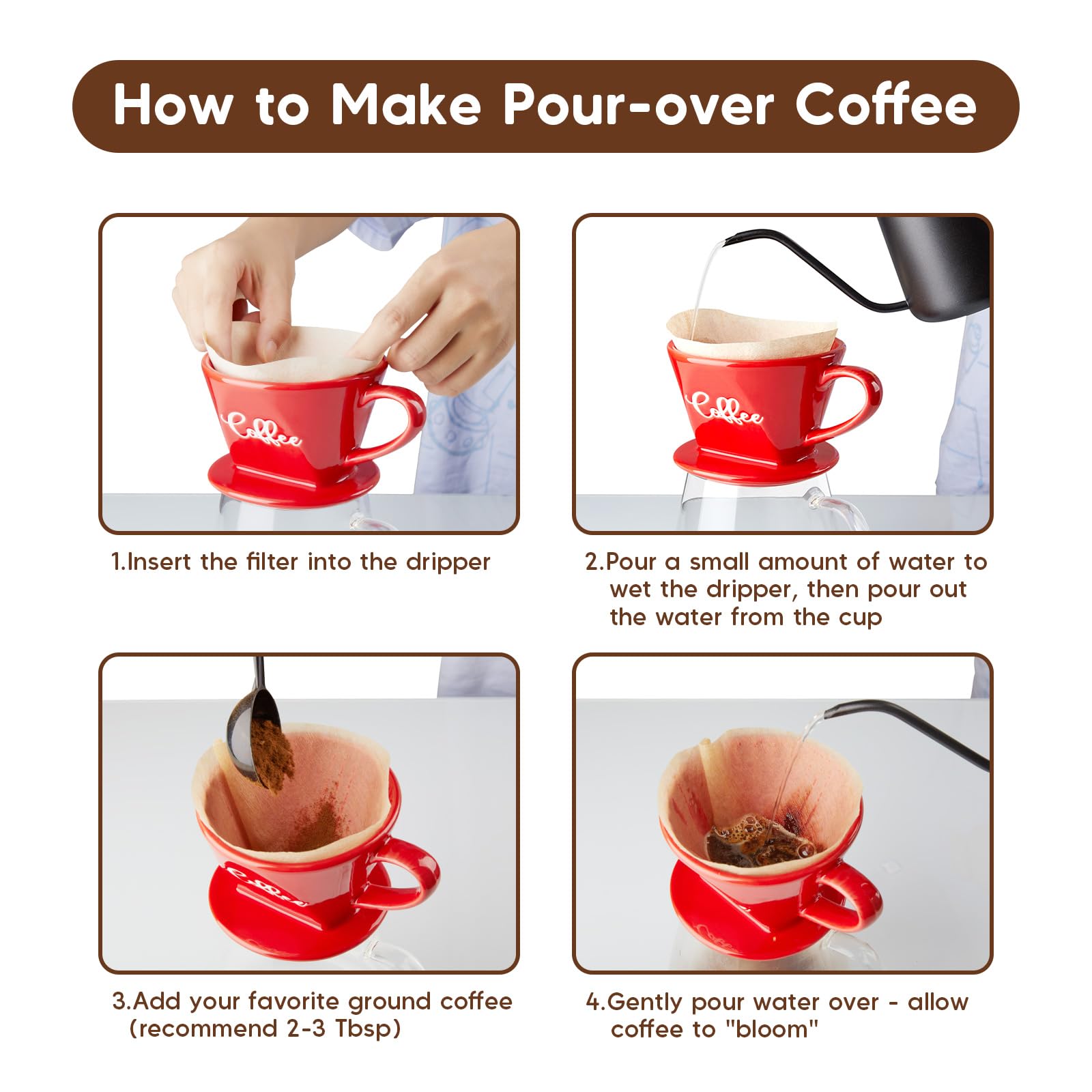 Premium Ceramic Pour Over Coffee Maker - Manual Slow Brew Dripper for Single Cup Coffee, Ideal for Home, Cafe & Coffee Bar - Stylish Red Kitchen Decor & Accessories