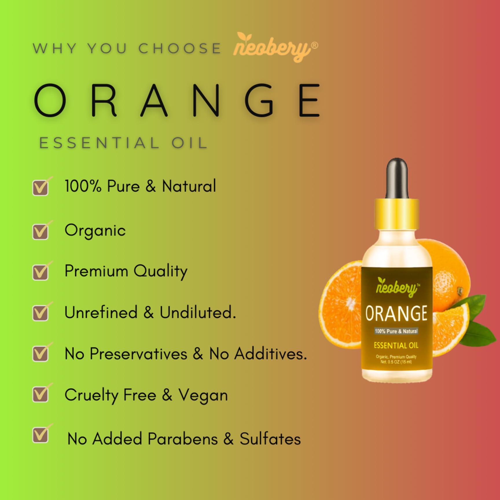 Neobery 100% Pure Orange Essential Oil - 15ml, Natural & Undiluted for Aromatherapy, Diffusers & DIY Skincare