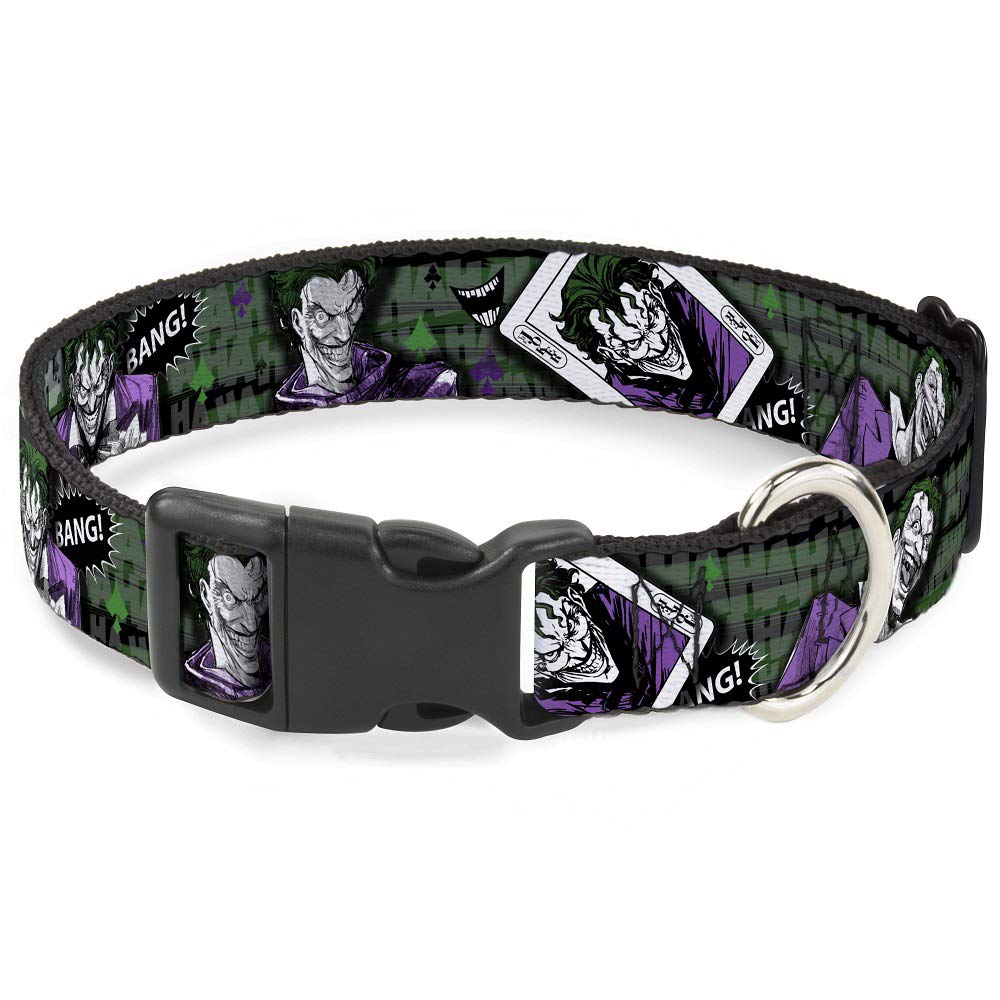 Buckle-Down Adjustable Dog Collar with Joker Card Design - 4 Fun Poses (Haha, Smile, Bang) in Gray, Green & Purple - 6 to 9 Inches Length, 0.5 Inch Width - Perfect for Halloween Costumes, Comic Con Events & Themed Pet Parties