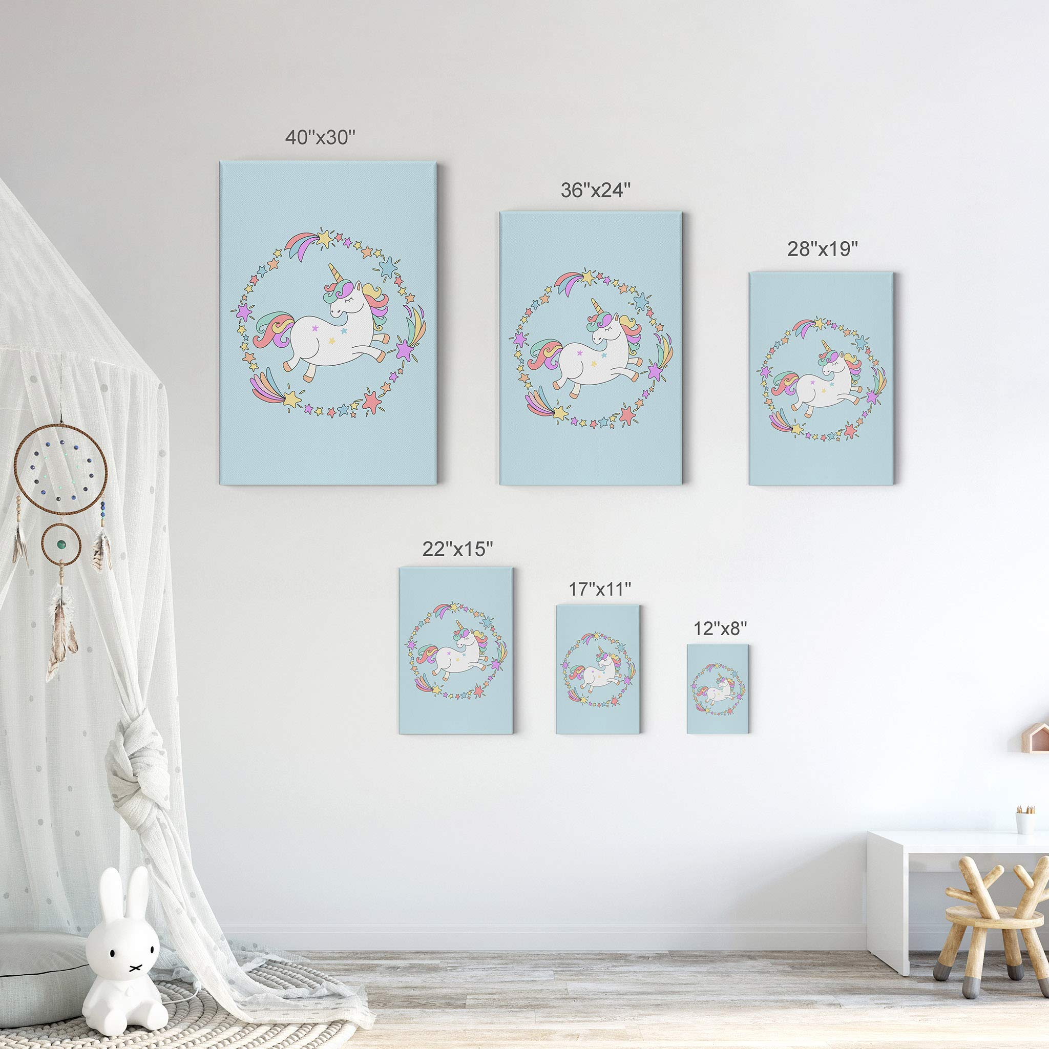 Cute Unicorn Wall Art Decor - 2 Panel Canvas Print Set for Kids Room, Nursery, Baby Room - Pink & Blue Background - Handmade in USA - Ready to Hang (22x15 Inches x2) - Perfect for Birthday Gifts, Baby Showers & Children's Bedroom Decor