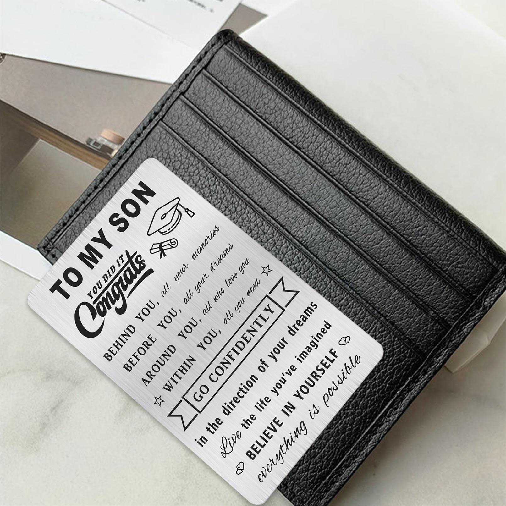 MOQIYXL Personalized Engraved Graduation Wallet Card - Thoughtful Gift for Son's College & School Graduation 2024 - Perfect for Commencement Ceremonies & Keepsake Memories