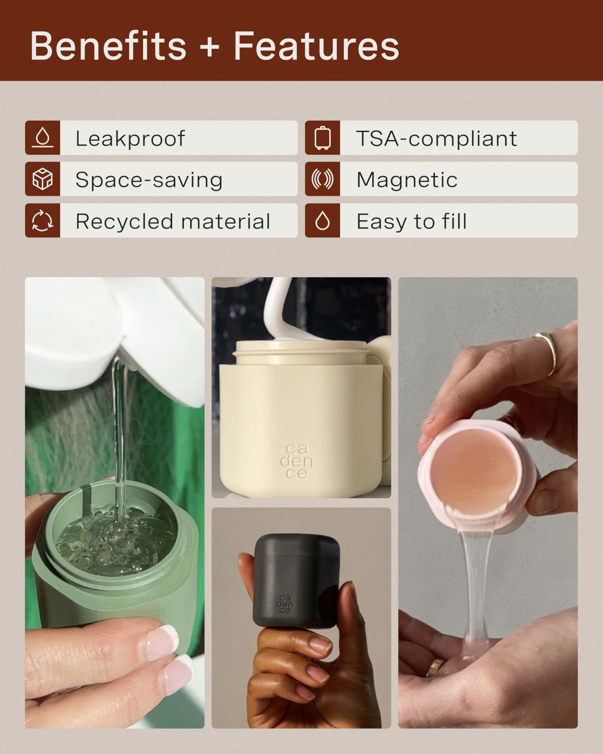 Cadence Travel Containers - Magnetic Haircare Set for Shampoo, Conditioner & Styling Products | 3 Leak-Proof 1.32oz Flex Capsules with Comb Icon Labels | Perfect for Air Travel, Gym Bags & On-The-Go Hair Care (Evergreen)