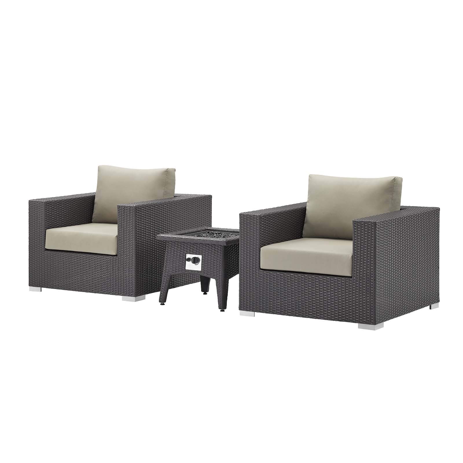 Modern Outdoor Patio Garden Lounge Chair and Table Fire Pit Set - Beige Fabric Rattan Wicker - Perfect for Backyard Relaxation and Cozy Evenings