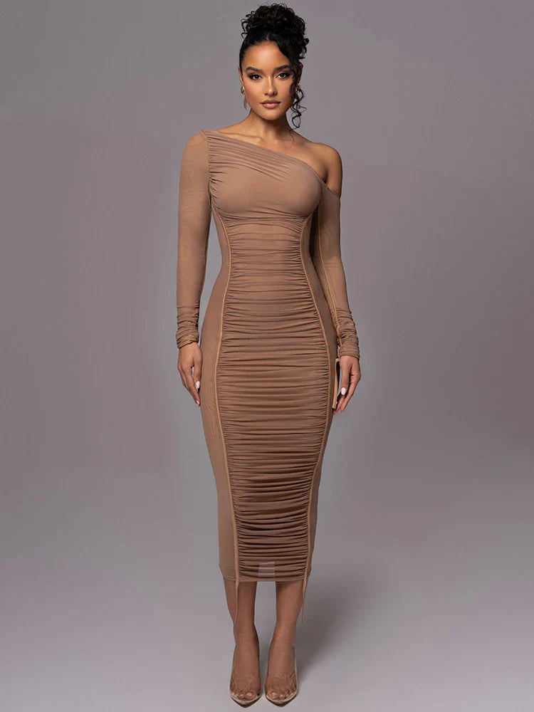 Sexy Backless Long Sleeve Midi Dress for Women - Ruched Bodycon Club Party Dress with Mesh Layering | Perfect for Night Out, Date Night & Special Occasions