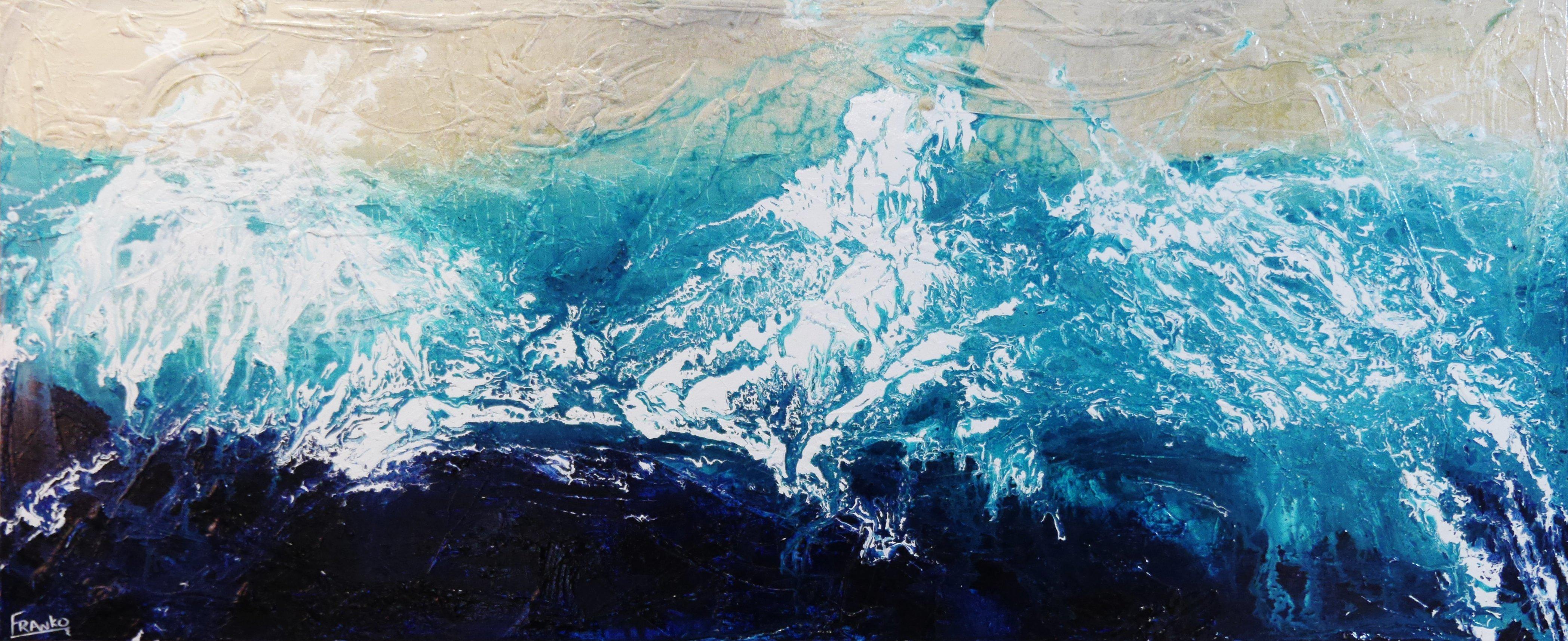 Blue Abstract Infused Beach Wash Painting 240cm x 100cm - Large Modern Wall Art for Living Room, Bedroom, or Office Decor