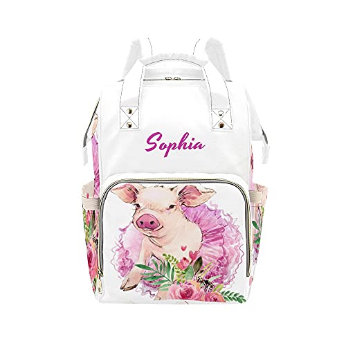 Custom Personalized Watercolor Pig Diaper Backpack - Baby Nappy Bag with Name Embroidery, Nursing Tote & Shoulder Bag for Moms | Perfect Baby Shower Gift & Travel Essential