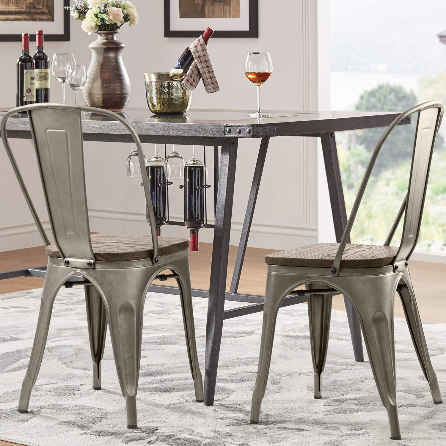 **Furniwell 4-Pack Metal Dining Chairs with Wood Seat - Stackable Indoor/Outdoor Industrial Tolix Chairs for Kitchen, Dining Room, Bistro & Cafe - Gun Metal Finish - Perfect for Home, Restaurant & Patio Use**