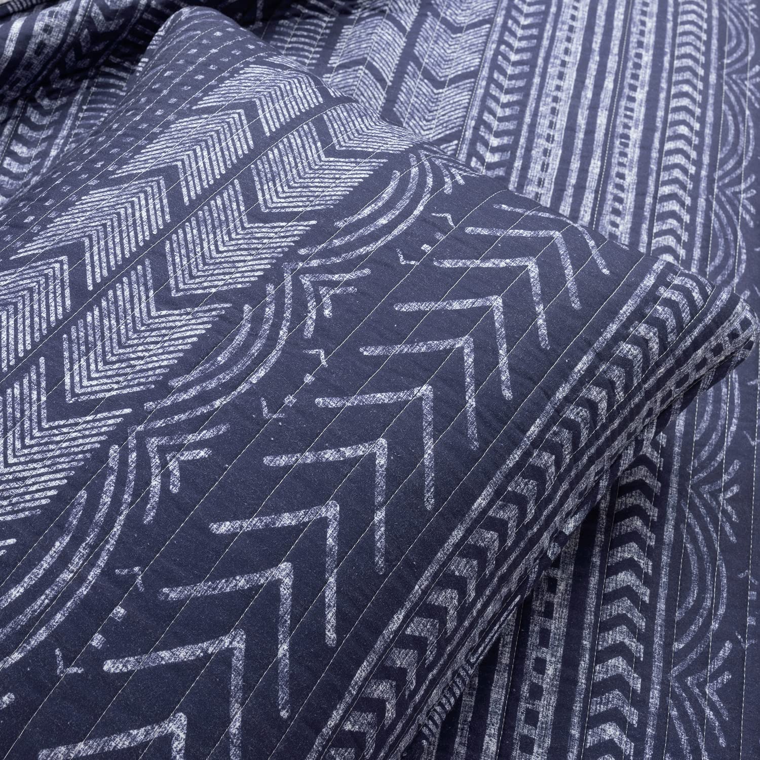 Lush Decor Hygge Geo Pattern Striped 3-Piece Quilt Bedding Set - Full/Queen Size Navy Blue - Cozy Bedroom Decor for Modern Homes & Guest Rooms
