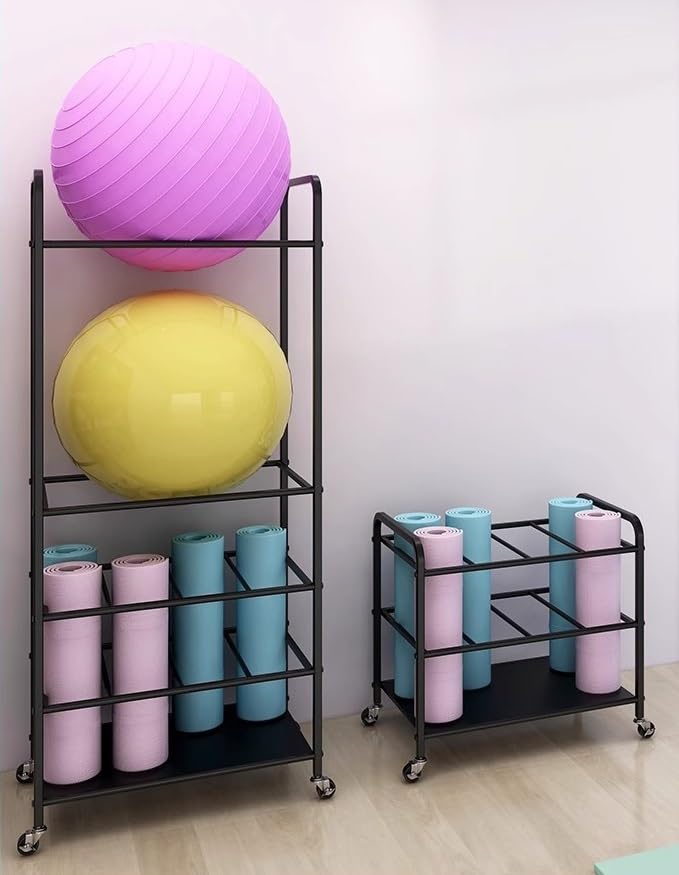 Aimery Foam Roller & Yoga Mat Storage Rack with Wheels - Yoga Mat Holder, Gym Equipment Organizer for Home, Yoga Studio & Fitness Center - Portable Storage Solution for Foam Rollers, Yoga Mats & Exercise Accessories (Black) - Perfect for Small Spaces & Home Gym Organization
