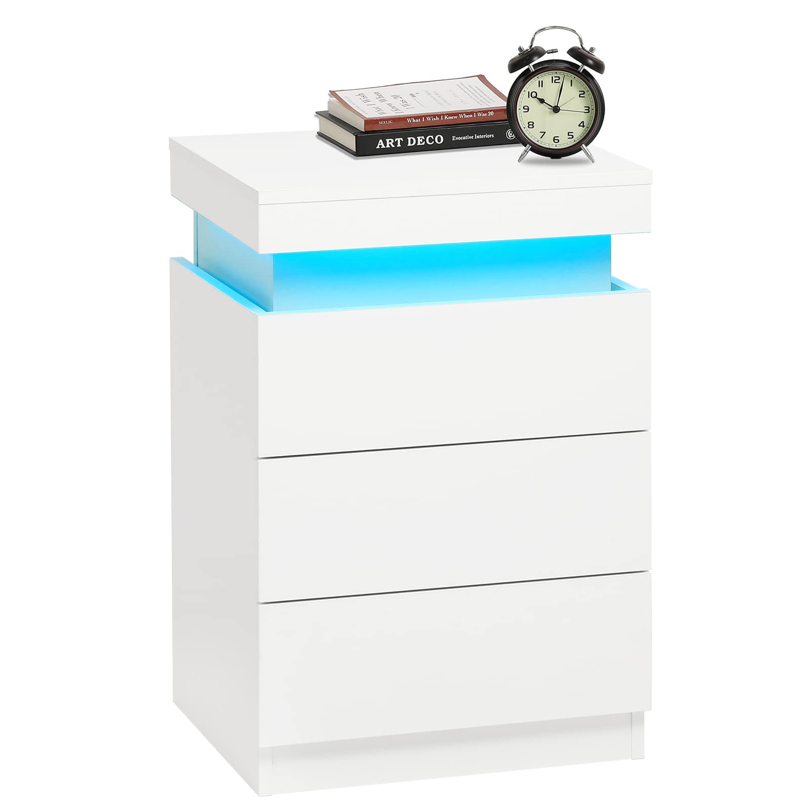 ADORNEVE Modern White Nightstand with USB Charging Station, LED Lights & Sliding Top - Bedside Table with Drawers for Bedroom - Perfect for Small Spaces, Apartment Living & Contemporary Home Decor
