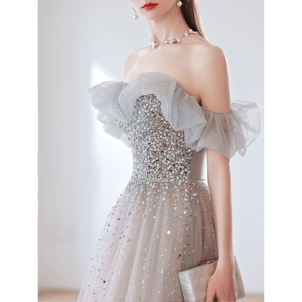 Sparkly Gray Off Shoulder Sequins Long Prom Dress - Elegant Formal Evening Gown for Homecoming, Wedding Guest & Special Occasions