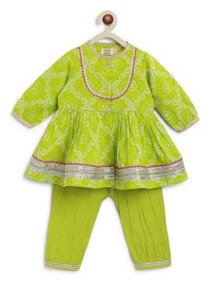 Pre Order: Baby Girl Bandhani Cotton Angrakha Suit Set - Green | Traditional Indian Ethnic Outfit for Festivals & Special Occasions