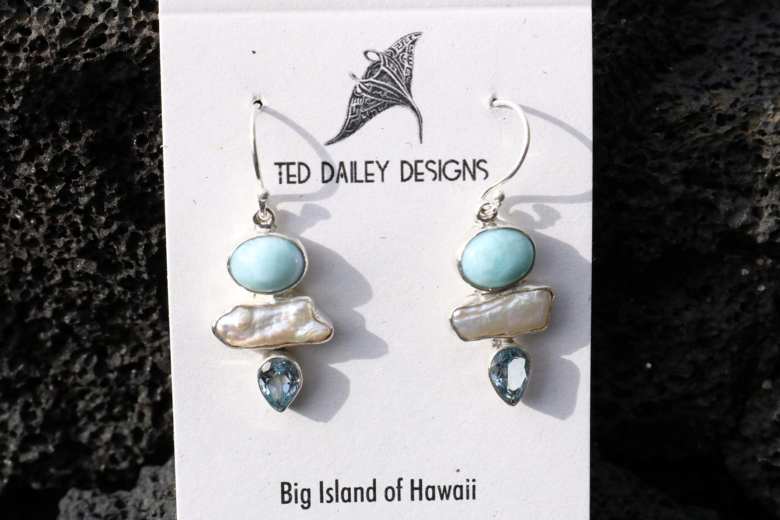 Larimar Pearl Blue Topaz Earrings - Sterling Silver Jewelry for Women - Elegant Dangle Earrings for Parties, Weddings & Special Occasions