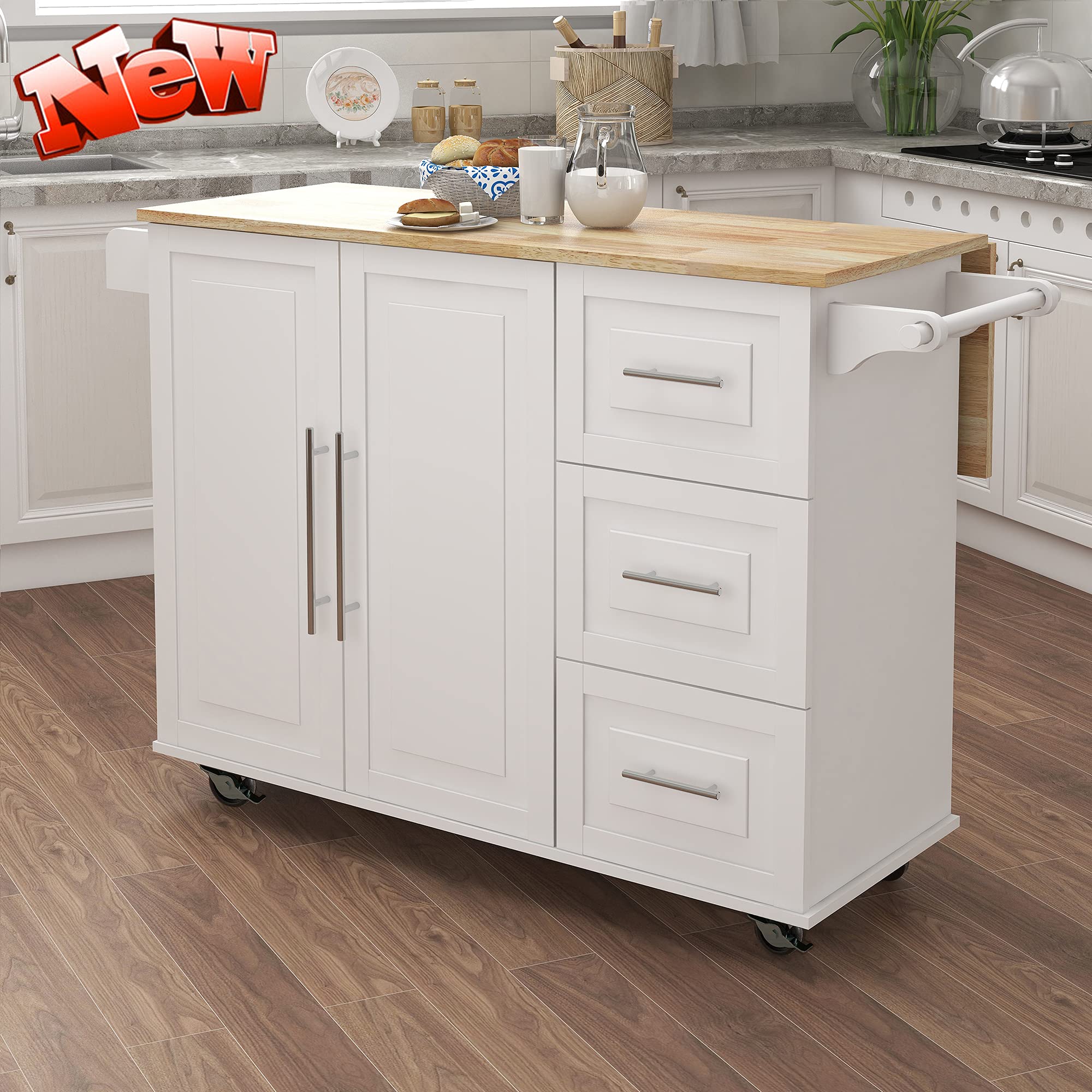 Upgraded Thick Wood Kitchen Island Cart with Wheels & Drop-Leaf Top - Large Folding Extendable Dining Table Cart with Storage Cabinet & 3 Drawers (White) | Perfect for Small Kitchens, Breakfast Nooks & Entertaining Guests