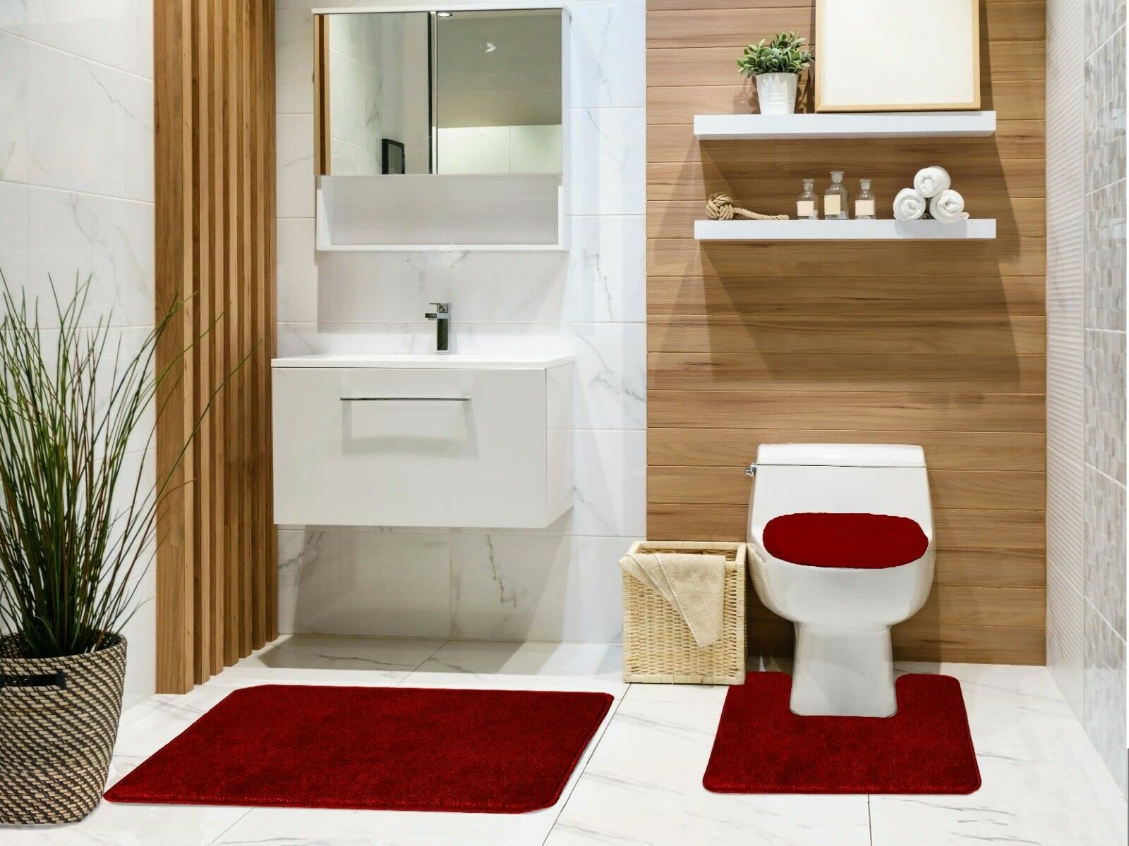 Premium 3-Piece Bathroom Rug Set - Non-Slip, Water Absorbent Bath Mat, Contour Rug & Toilet Lid Cover - Soft Low Pile Floor Mats with Rubber Backing - Burgundy - Perfect for Bathroom Safety and Comfort