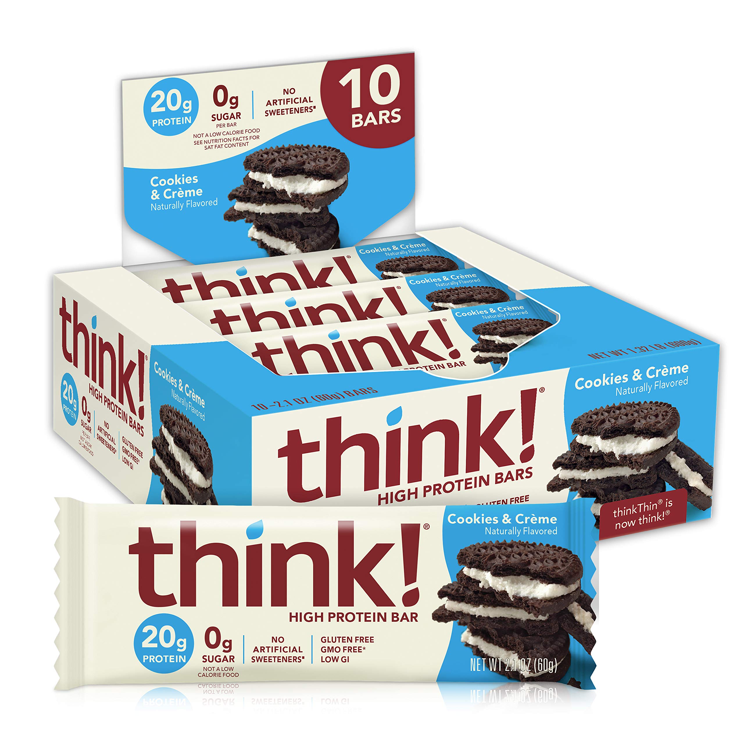 Think! Protein Bars - High Protein, Gluten Free, Sugar Free Snacks with Whey Protein Isolate | Cookies & Crème Flavor | 2.1oz (10 Count) | Perfect for Workout Recovery, Office Snacks & Healthy On-the-Go Nutrition