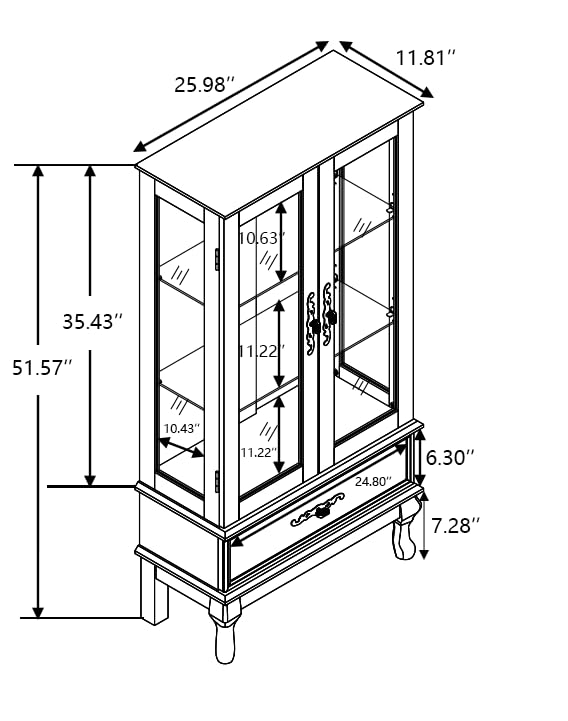 Lighted Glass Curio Cabinet with Adjustable Shelves - 2 Door Oak Display Cabinet with Drawer & Bulb Included - Perfect for Wine Storage, China Showcase & Living Room Decor