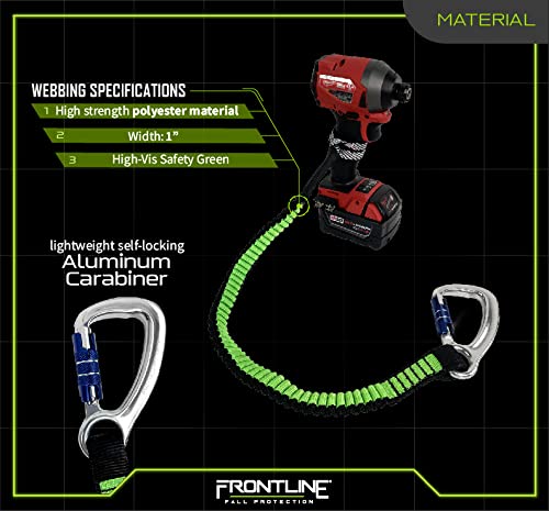FrontlineTLS30 ToolGrip™ Elastic Tool Tether - 30 lbs Rated Safety Lanyard with Self-Locking Aluminum Carabiner | ANSI/ISEA Compliant Polyester Tool Lanyard for Construction, Roofing & HVAC Work | Secure Tool Retention for Working at Heights
