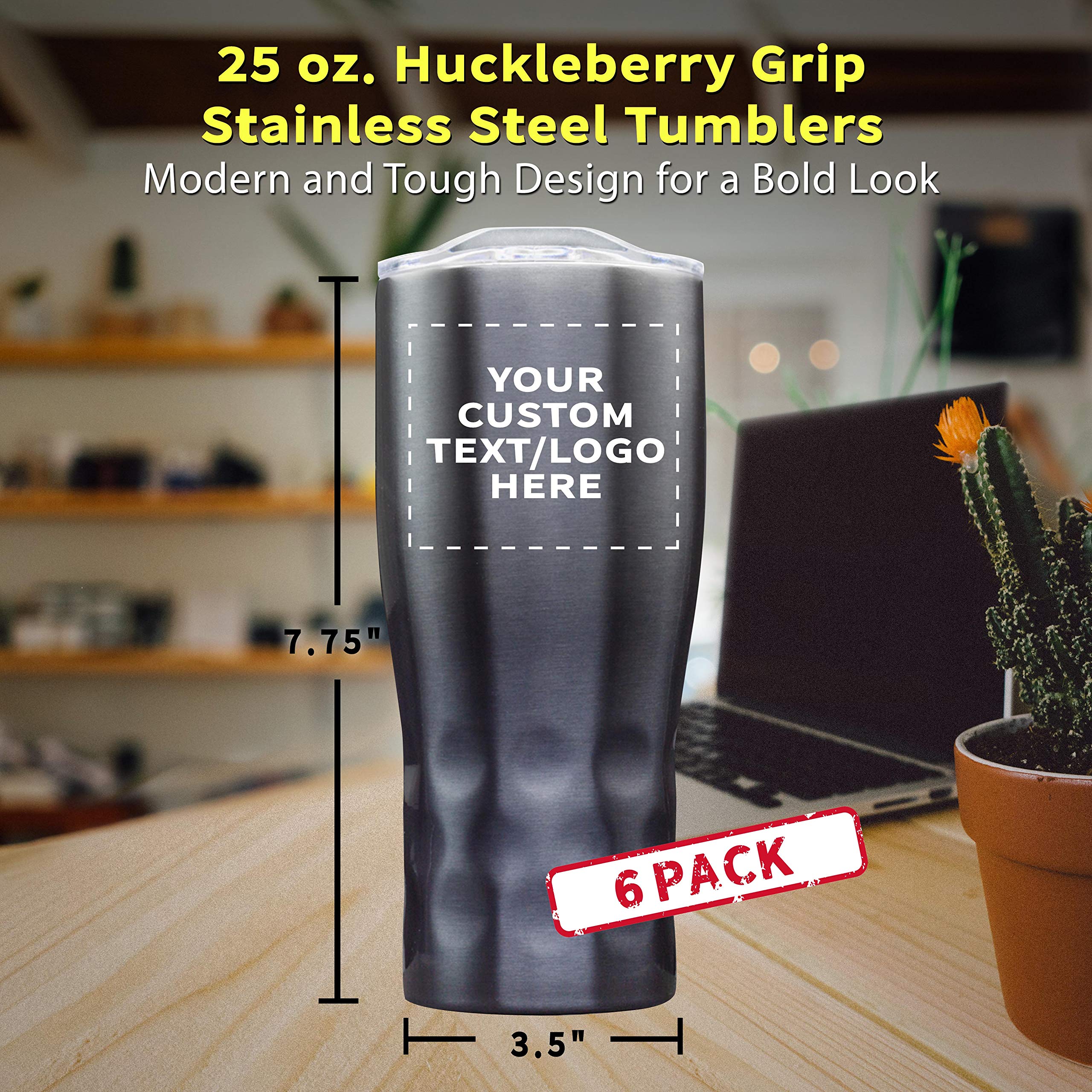 Personalized 25 oz Stainless Steel Tumblers with Huckleberry Grip - 6 Pack Custom Text & Logo - Smoke Finish - Ideal for Outdoor Adventures, Office Use & Gift Giving