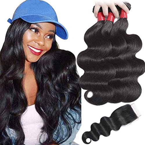 Brazilian Virgin Human Hair Bundles with 4x4 Lace Closure - 18 20 22+16 Inch Body Wave Weave Extensions (3 Bundles + Free Part Closure) for Natural Look & Styling - Perfect for Daily Wear, Parties & Special Occasions