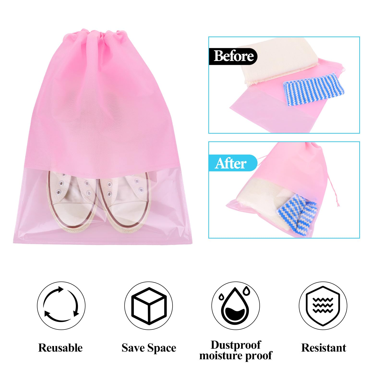 6Pcs Travel Shoe Bags - 17x12 Inch Waterproof Dustproof Drawstring Storage Pouches with Clear Window | Non-Woven Shoe Organizer for Women | Perfect for Gym, Dance, Travel & Sports Gear Storage