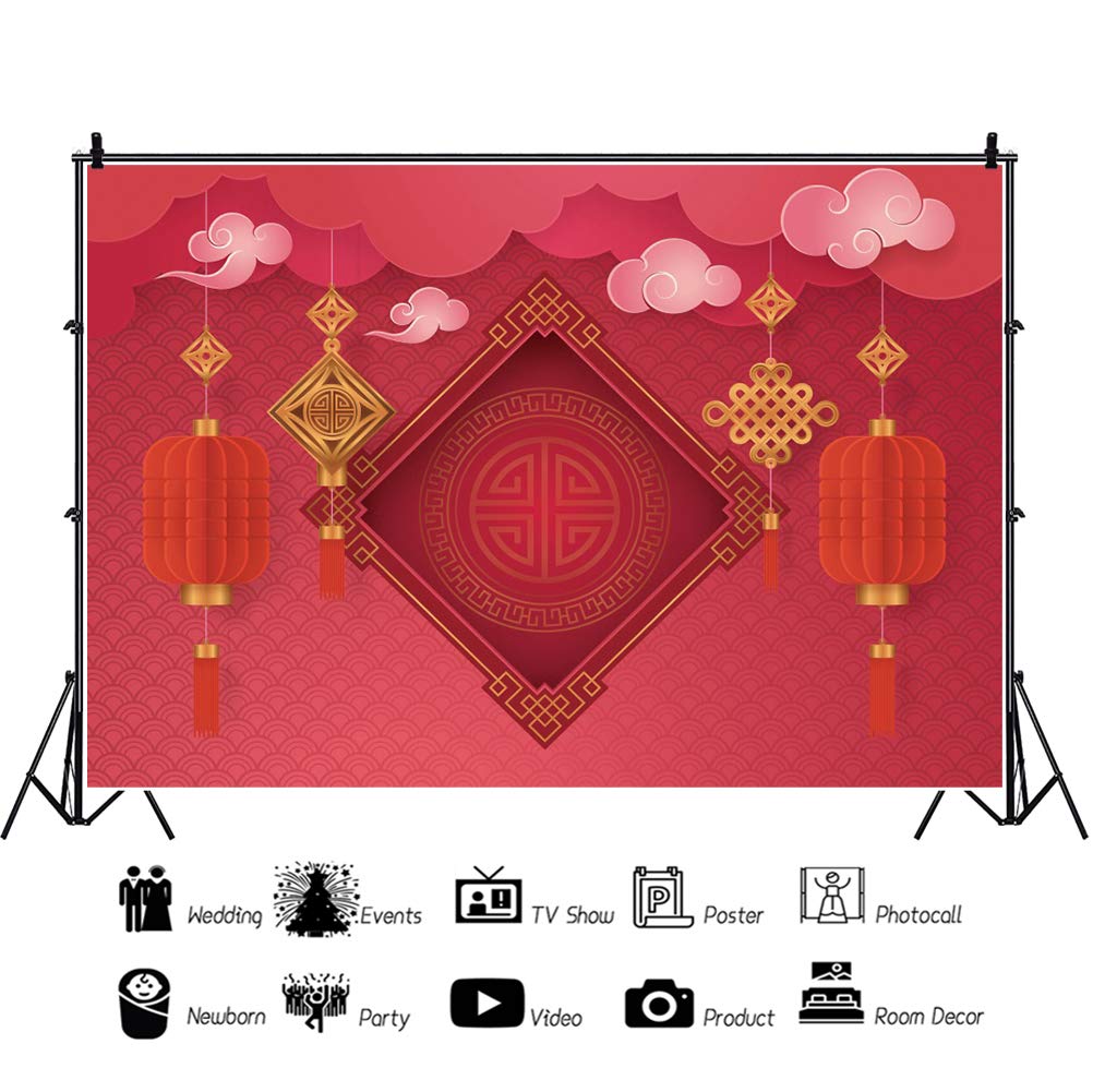 5x3ft Chinese New Year Red Lantern Backdrop - Spring Festival Blessings Knot & Auspicious Clouds Photography Background for Family Portraits, Lantern Festival Decor, Photo Studio Props | Durable Vinyl for Home & Party Celebrations