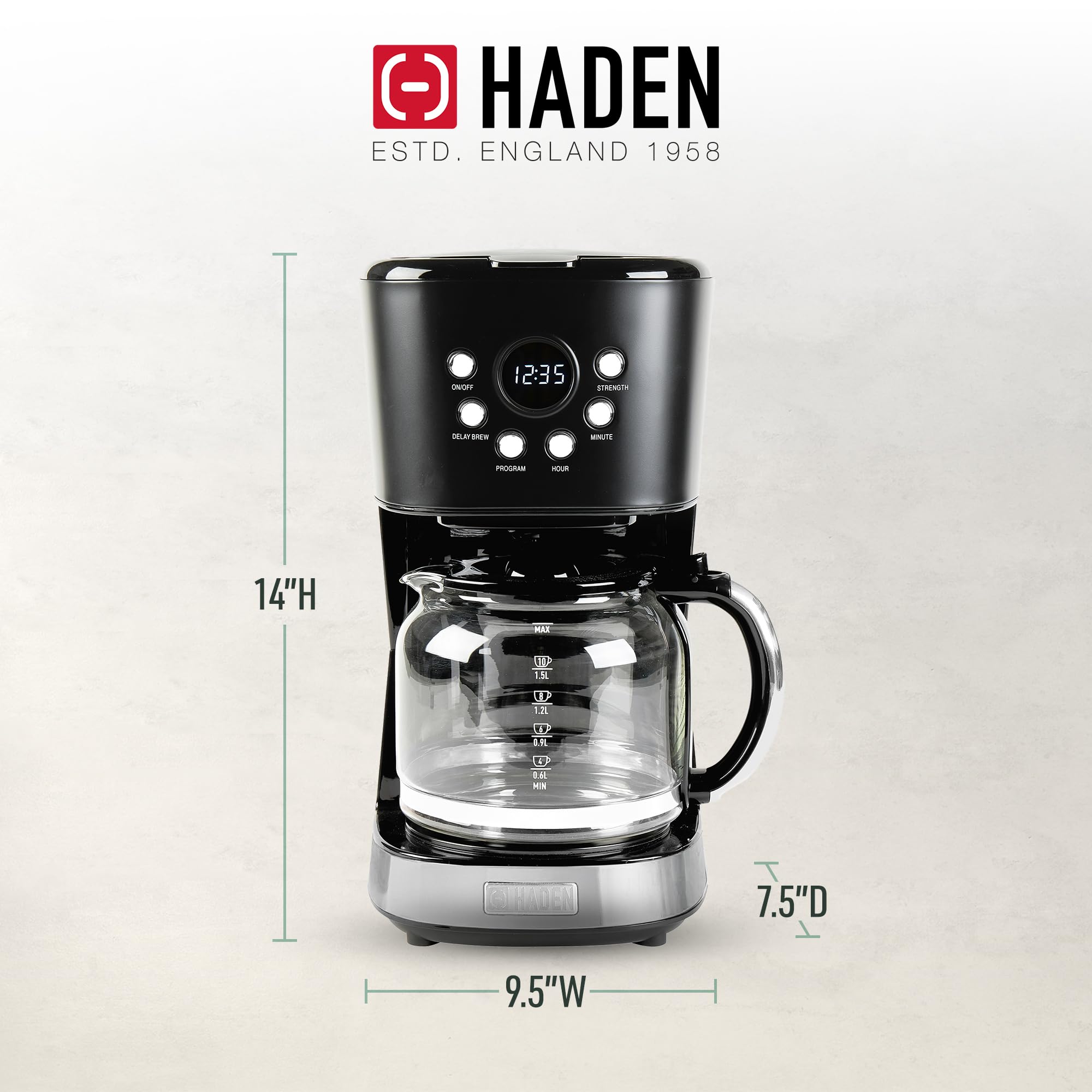 Haden 12 Cup Programmable Drip Coffee Maker with Auto Shut-Off & Reusable Filter - Black & Chrome - Perfect for Home, Office, and Restaurant Use