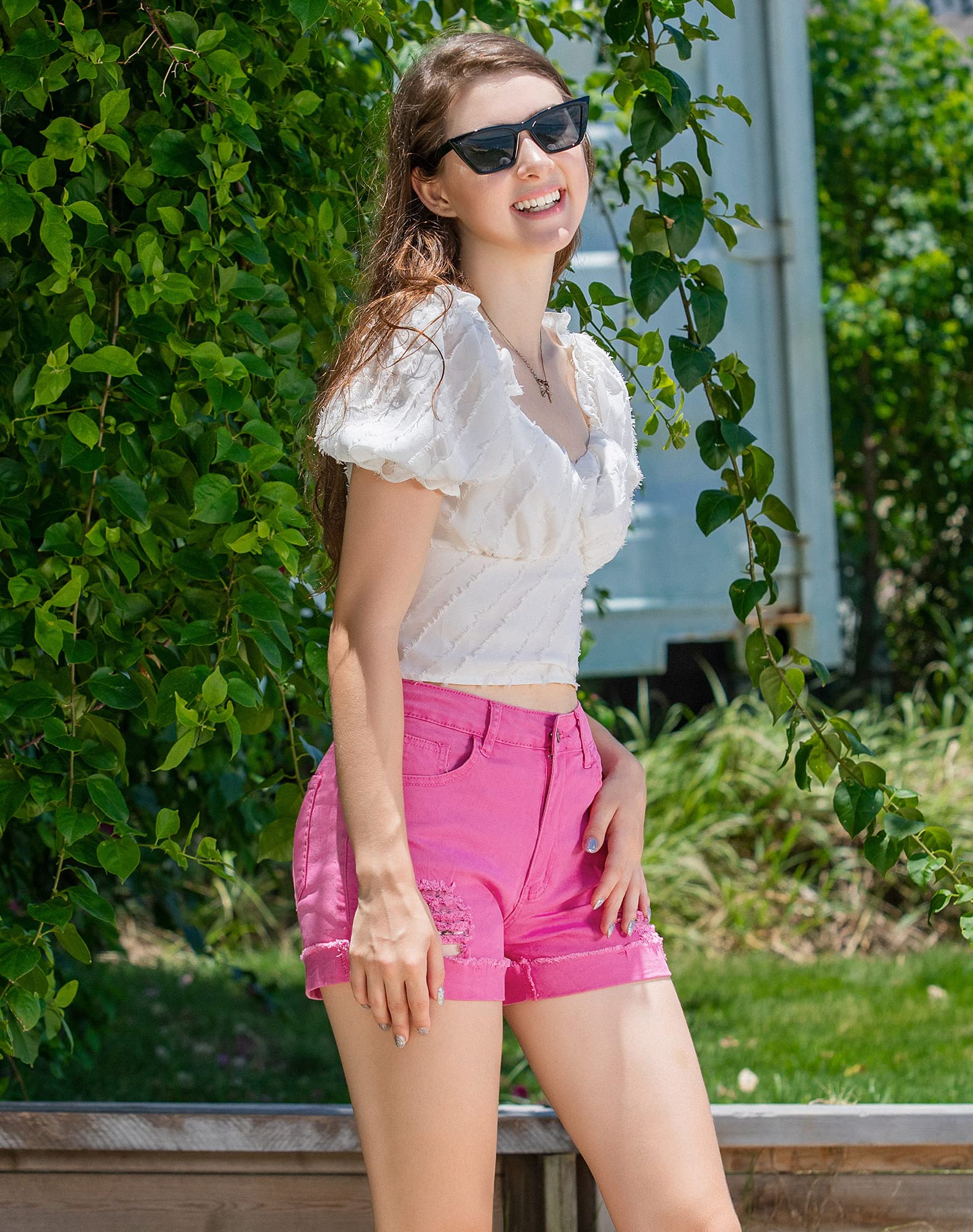 Roswear Women's Ripped Mid Rise Stretchy Denim Shorts - Comfortable Distressed Jean Shorts for Casual Wear, Summer Outfits & Street Style