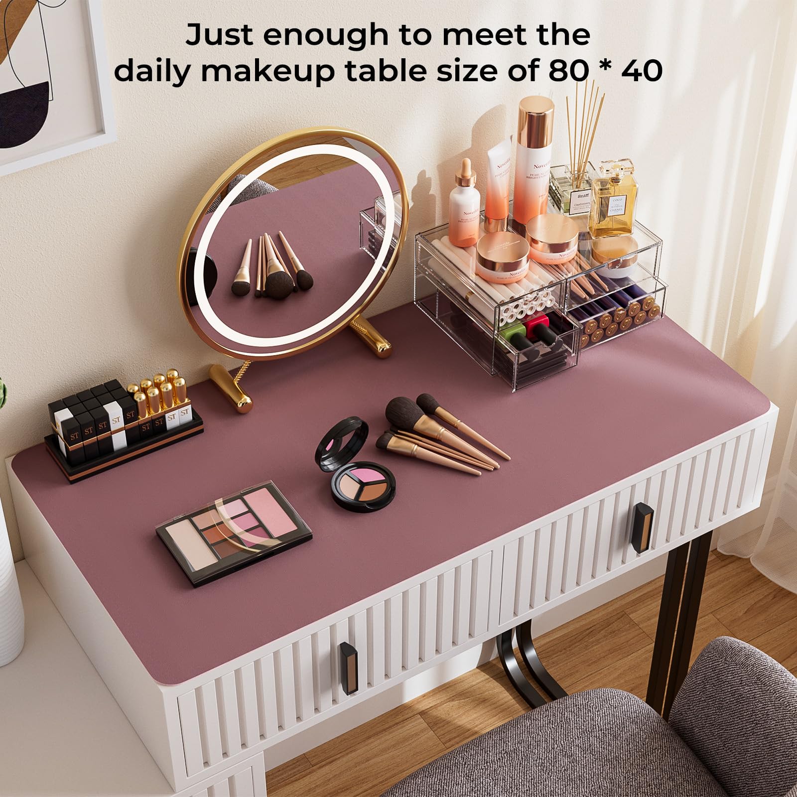 Noverlife Large Leather Makeup Table Mat - 31.5x15.7 Inch Vanity Desk Cover, Easy Clean Counter Protector for Laptop, Writing & Crafts | Waterproof Desk Pad for Home & Office (Pink & Purple) | Perfect for Beauty Stations, Work Desks & Creative Spaces