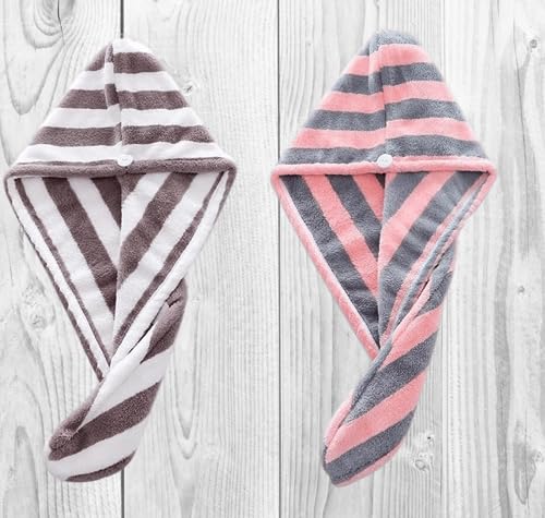 Microfiber Hair Towel Wrap for Women - Soft Anti-Frizz Hair Drying Towel with Elastic Strap | Fast Absorbing Hair Turban for Wet Hair (2 Pack) | Perfect for Post-Shower, Salon Styling & Travel