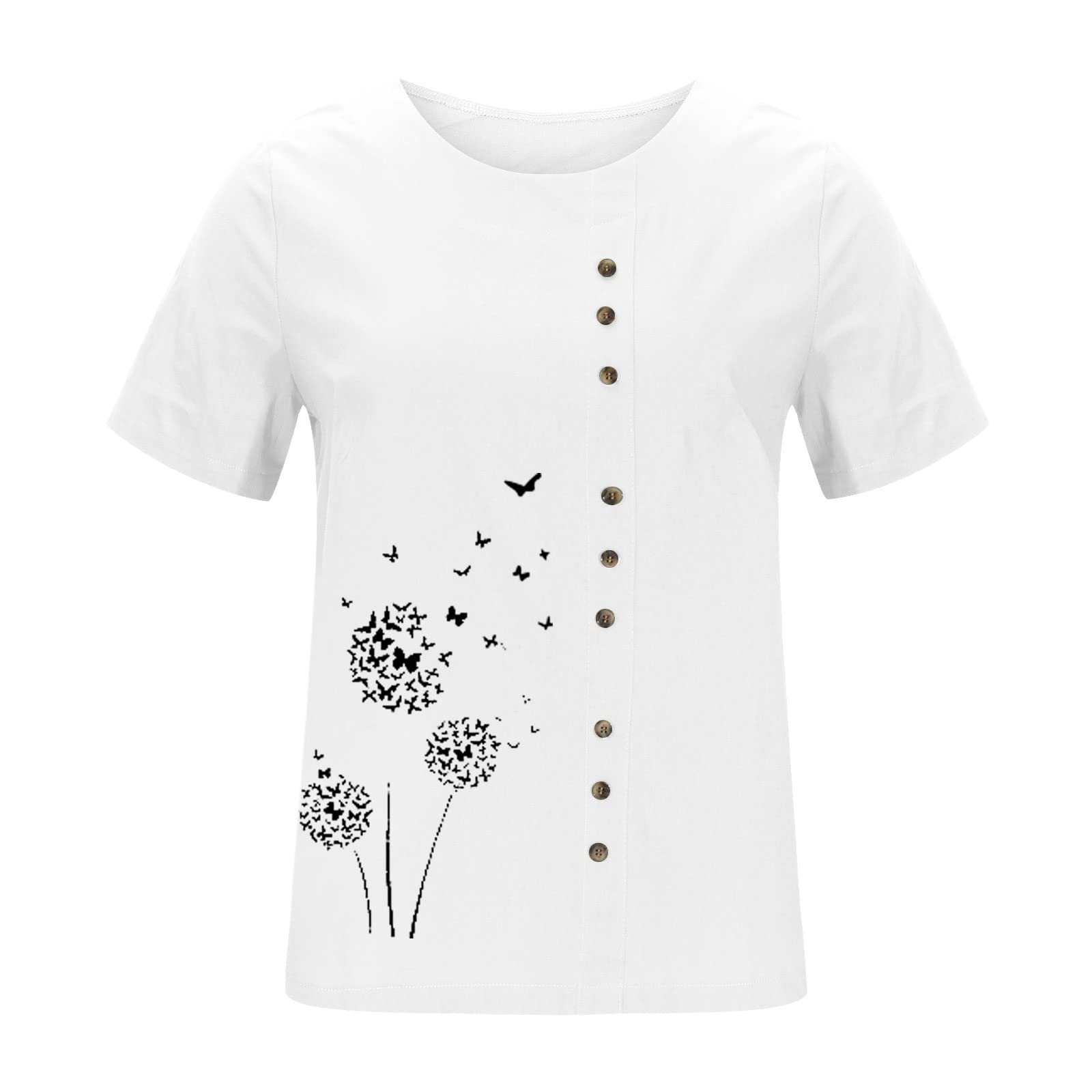 Women's Floral Print Short Sleeve Linen T-Shirt - Summer Crew Neck Casual Blouse for Women - Perfect for Beach Outings, Picnics & Everyday Wear
