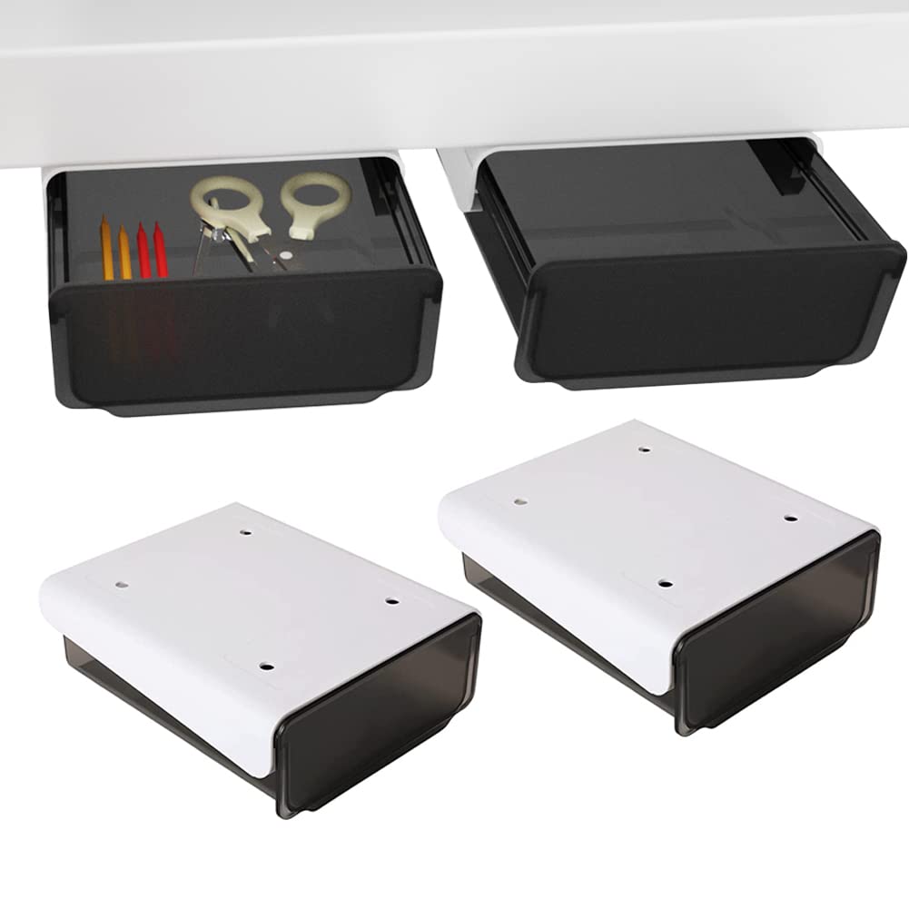 2 Pack Self-Adhesive Under Desk Drawer Organizer - No Drill Hidden Storage for Office, Home & School - Perfect for Storing Pens, Notebooks & Stationery (Easy Slide-Out Mount, Space Saving Solution)