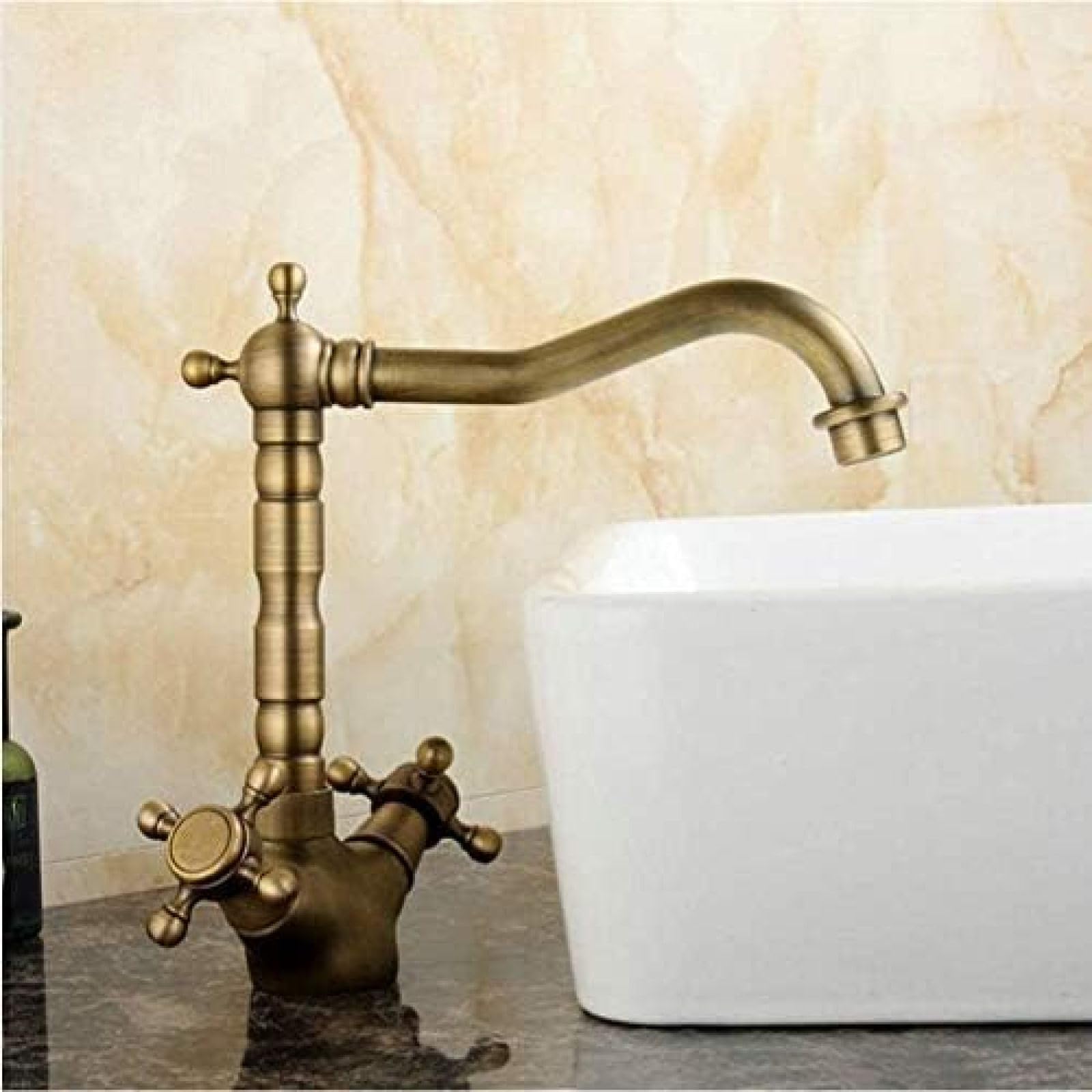 CRJUS Antique Brass Double Handle 360° Swivel Kitchen Faucet with Crane Mixer Tap for Modern Bathroom and Basin Use