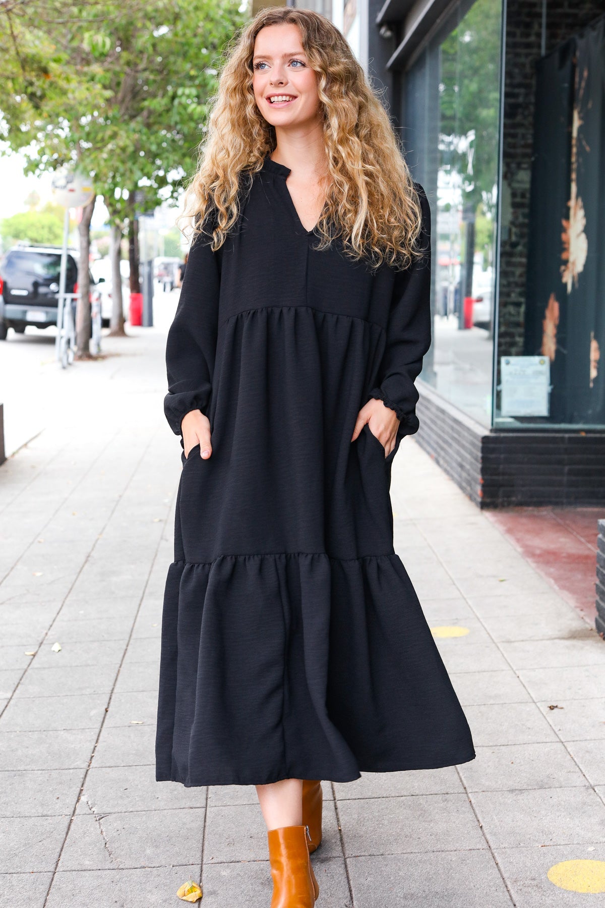 Elegant Black Notched Neck Frill Hem Tiered Maxi Dress for Women - Perfect for Weddings, Parties & Evening Events