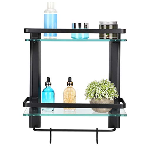2-Tier Bathroom Glass Shelf with Towel Bar & Hooks - Wall Mounted Shower Storage Organizer - Brushed Nickel Finish for Bathroom, Shower, and Spa Organization