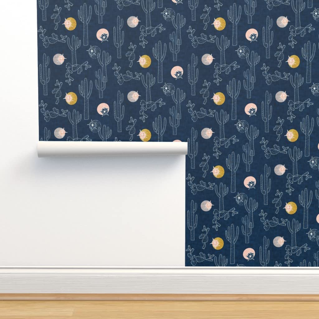 Indigo Cactus Peel & Stick Wallpaper Swatch - Southwestern Bohemian Nursery Decor, Modern Removable Wallpaper by Spoonflower | Perfect for Kids' Rooms, Home Office & Accent Walls