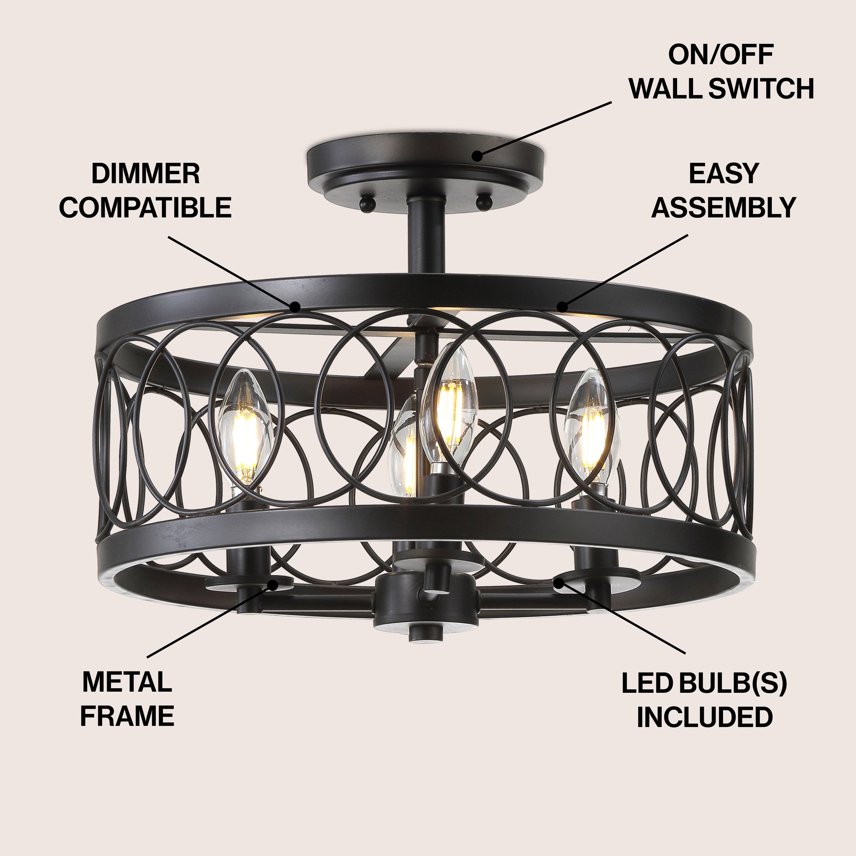 Sylvain 15.5 Inch Modern Metal LED Semi Flush Mount Ceiling Light - Dimmable Fixture for Bedroom, Kitchen, Hallway & Living Room Lighting
