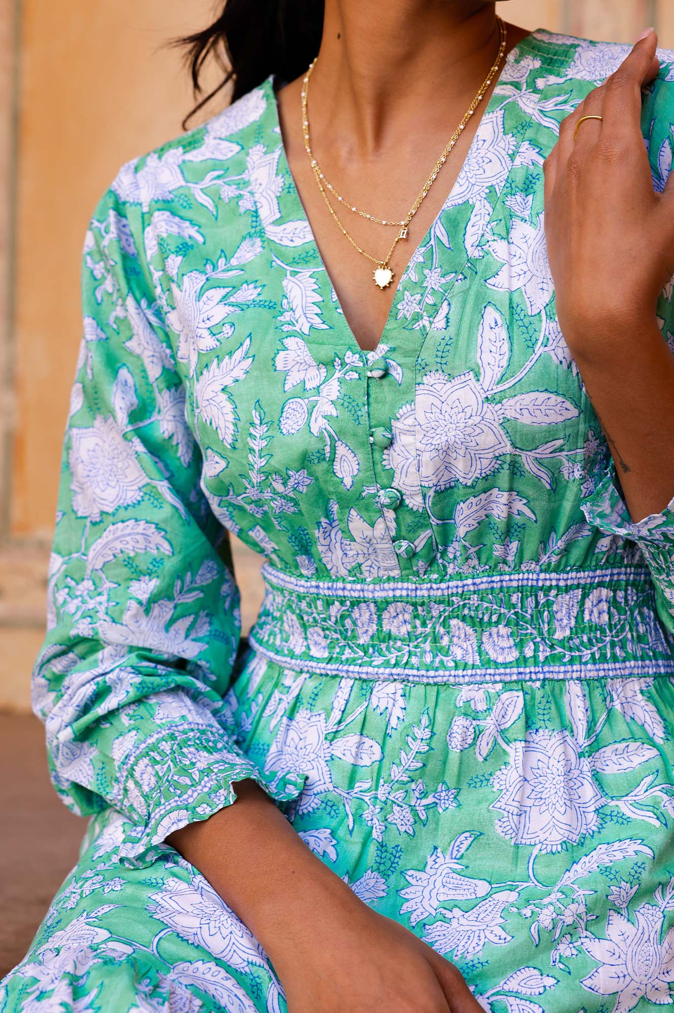 Billie Organic Cotton Block Print Dress - Lotus Green & Blue | Boho Chic Summer Dress for Women | Perfect for Beach, Vacation & Casual Outings