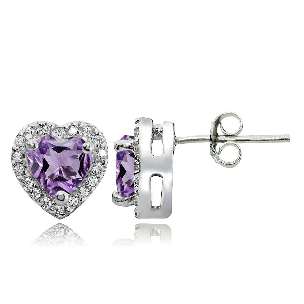 Sterling Silver Gemstone Birthstone & White Topaz Heart Halo Stud Earrings for Women | Valentine's Gift, Anniversary Jewelry, Everyday Wear