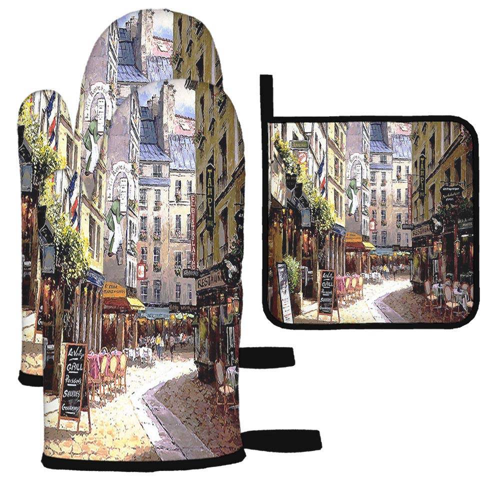 AOYEGO Paris Oven Mitts and Pot Holders Set of 3 - Vintage French Street Cafe Design, Heat Resistant Kitchen Gloves for Baking, Grilling & Cooking - Perfect for Home Chefs & BBQ Enthusiasts