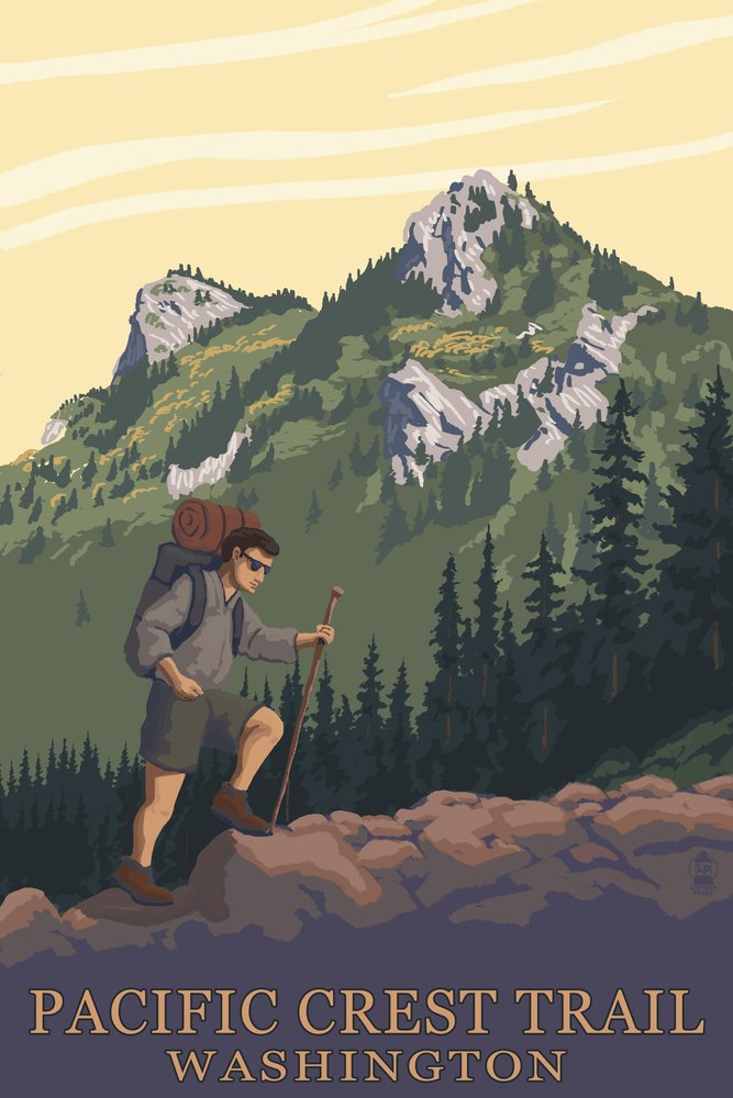Pacific Crest Trail Washington Mountain Hiker 46574 - 24x36 Signed Art Print Wall Decor Poster - Perfect for Hiking Enthusiasts & Nature-Themed Home Decor