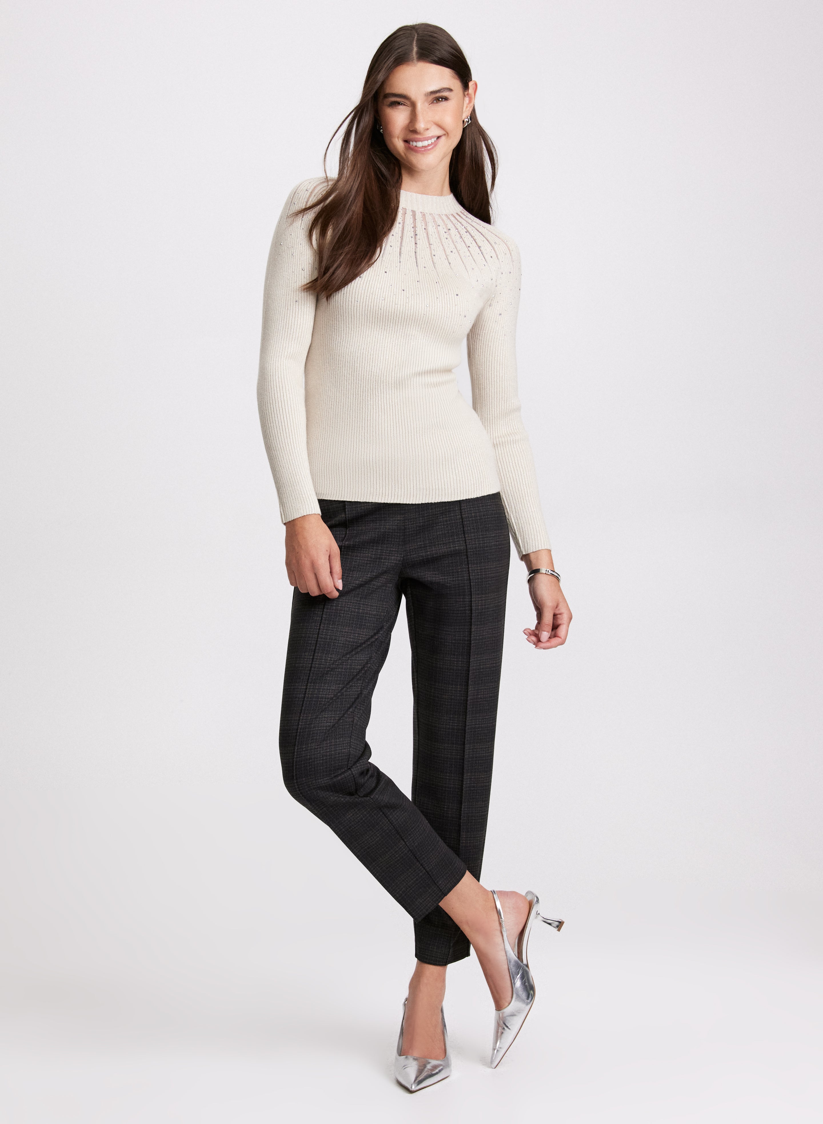 Embellished Sheer Insert Sweater & Plaid Print Slim Leg Pants Set - Women's Fashion Knitwear Outfit for Work, Date Night and Fall Wardrobe