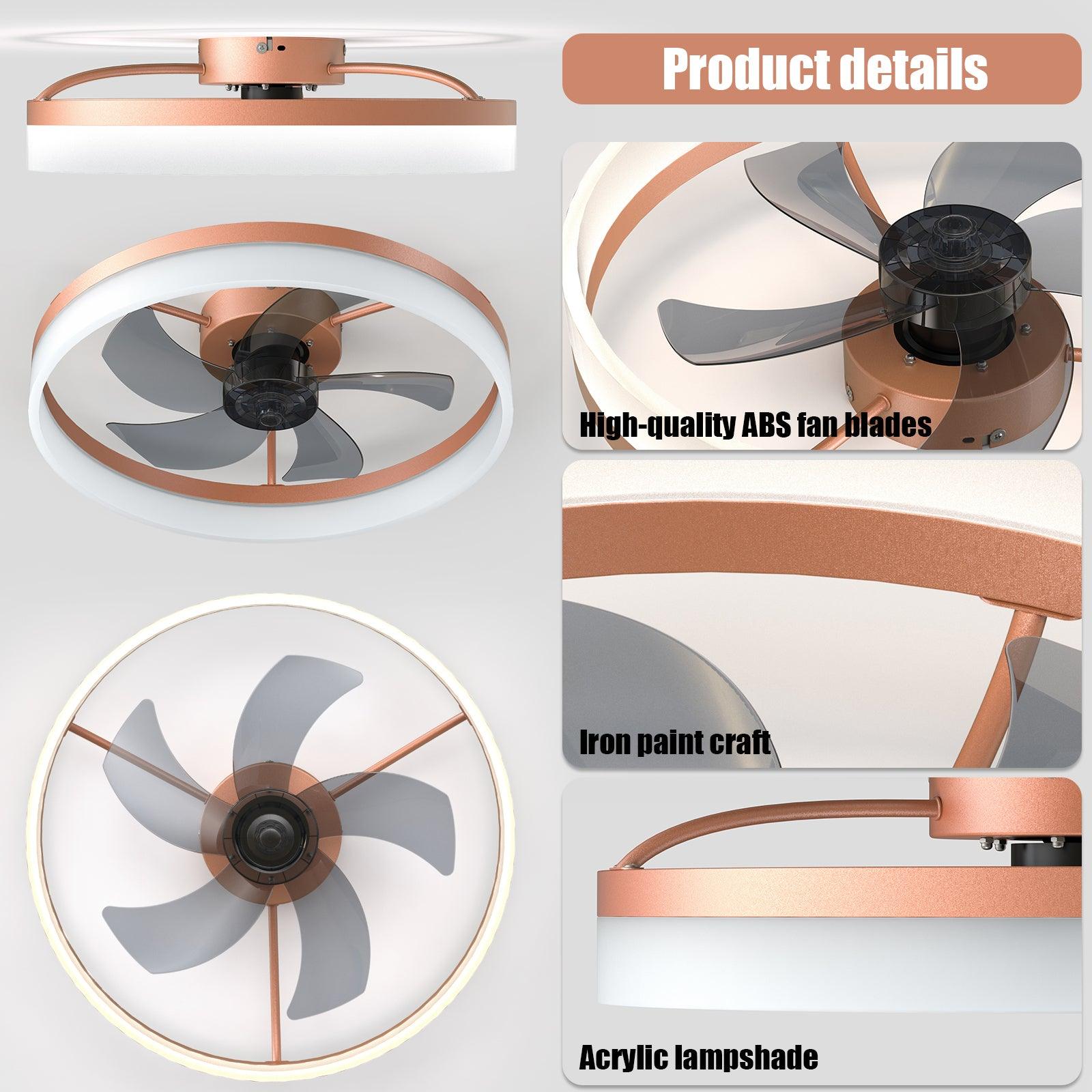 Modern Rose Gold Ceiling Fan with Dimmable LED Lights - Ultra-Thin Flush Mount Design for Bedroom, Living Room & Office