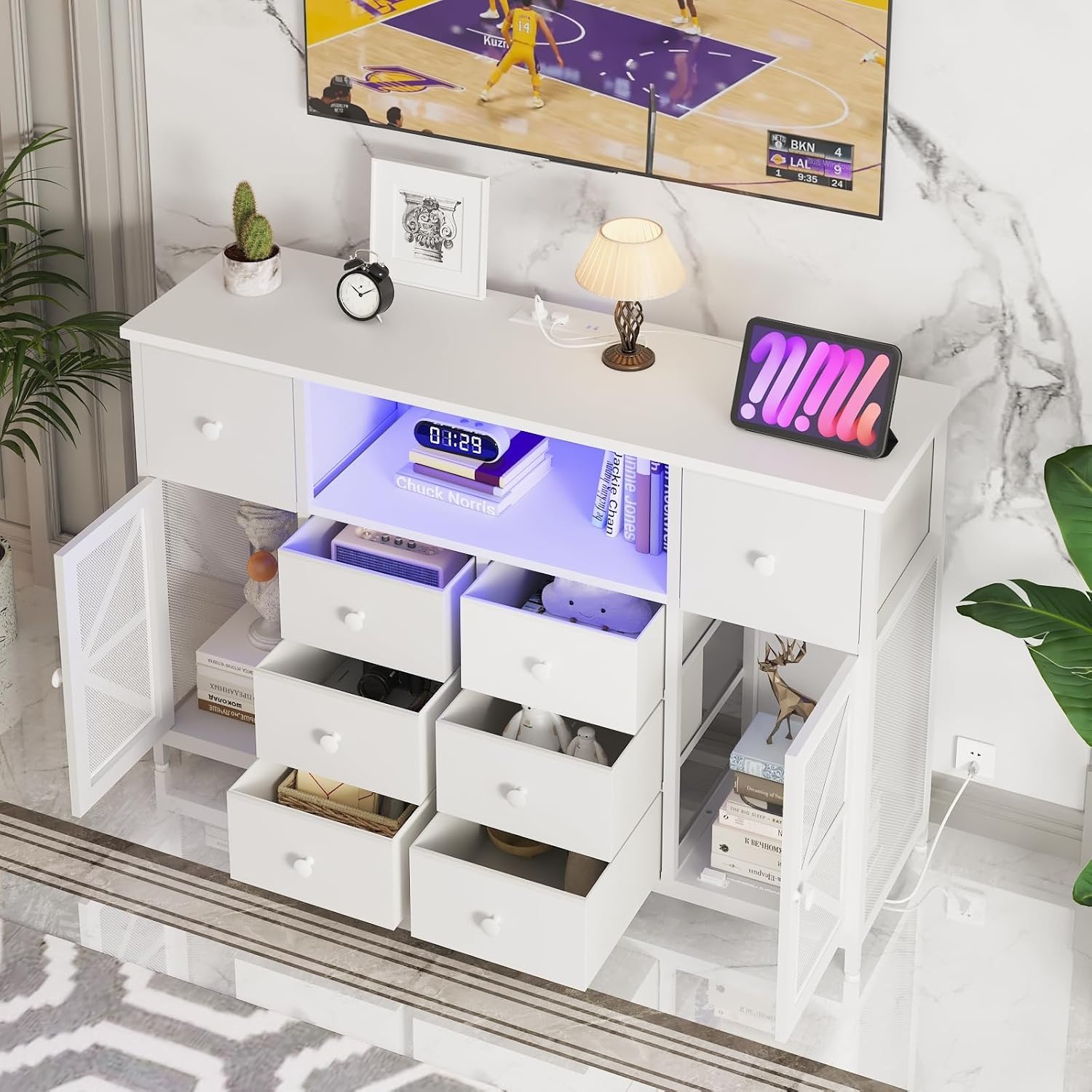 White Dresser with Charging Station & LED Lights - 8 Fabric Drawers & 2 Doors Bedroom Chest - Modern Storage Dresser for Bedroom, Living Room, Nursery - Perfect as TV Stand, Closet Organizer & Nightstand Alternative