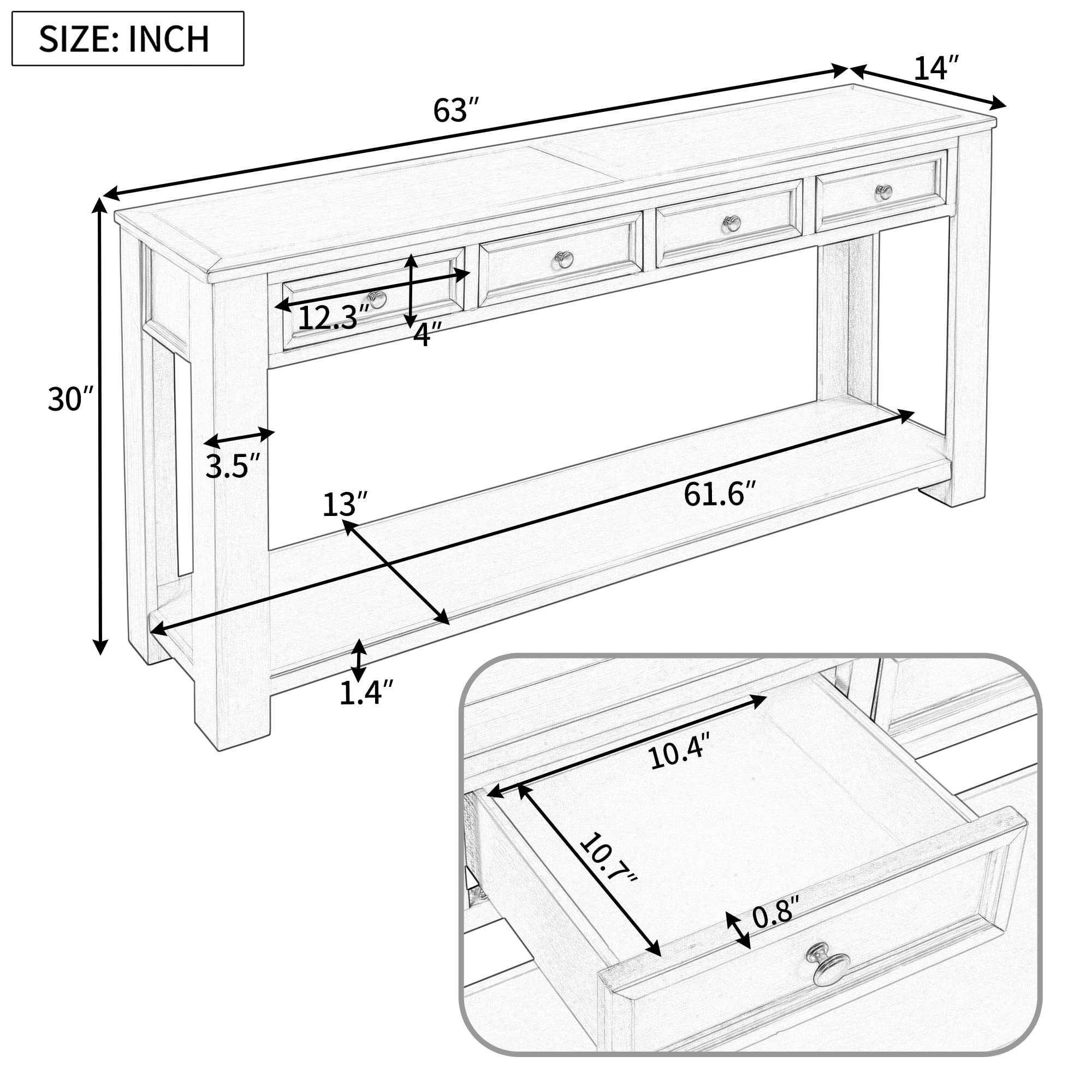 Rustic Solid Wood Console Table with 4 Storage Drawers - 63