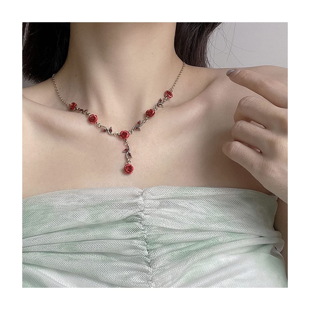 3Pcs Rose Red Jewelry Set - Flower Necklace, Dangle Earrings & Bracelet for Women | Rose Gold Bridal Jewelry for Wedding, Prom, Party & Special Occasions | Elegant Gift for Bride, Girlfriend & Loved Ones